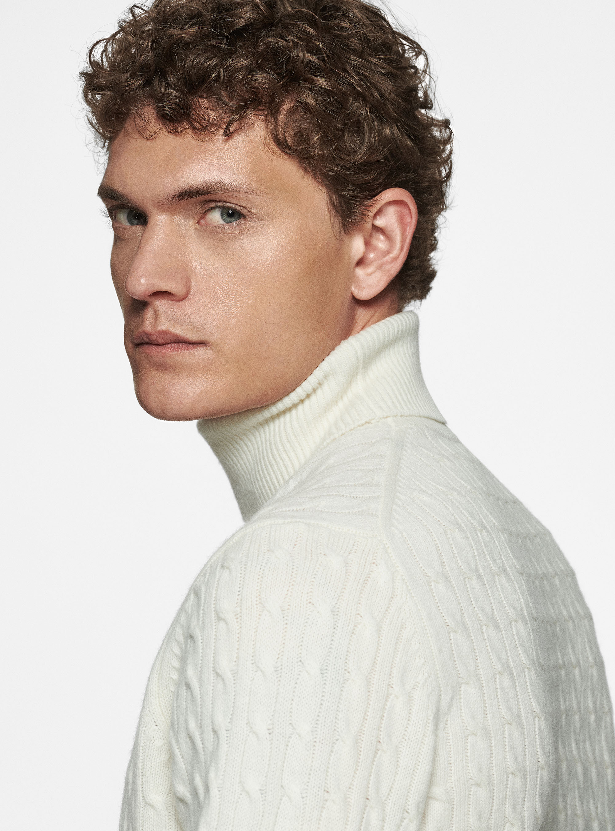 Maglia collo alto in lana cashmere con treccia, BIANCO