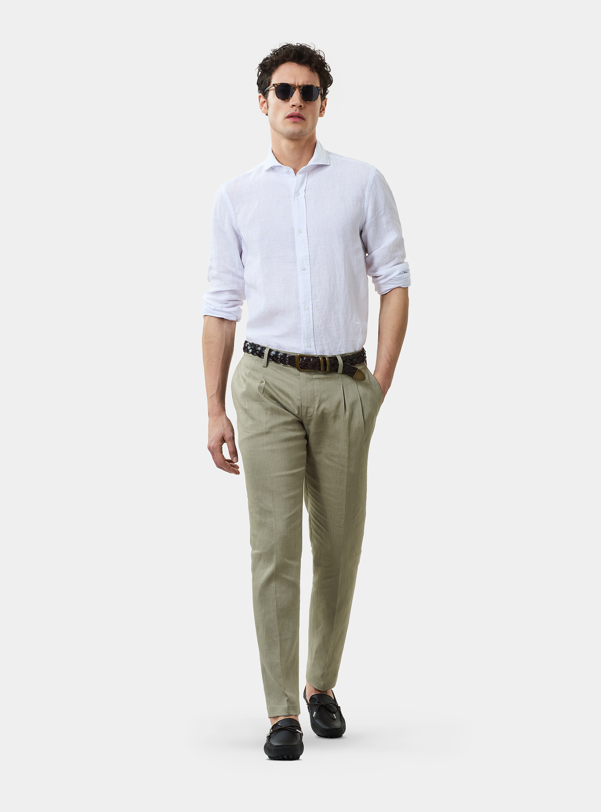 Camicia slim 100% lino delavè, BIANCO