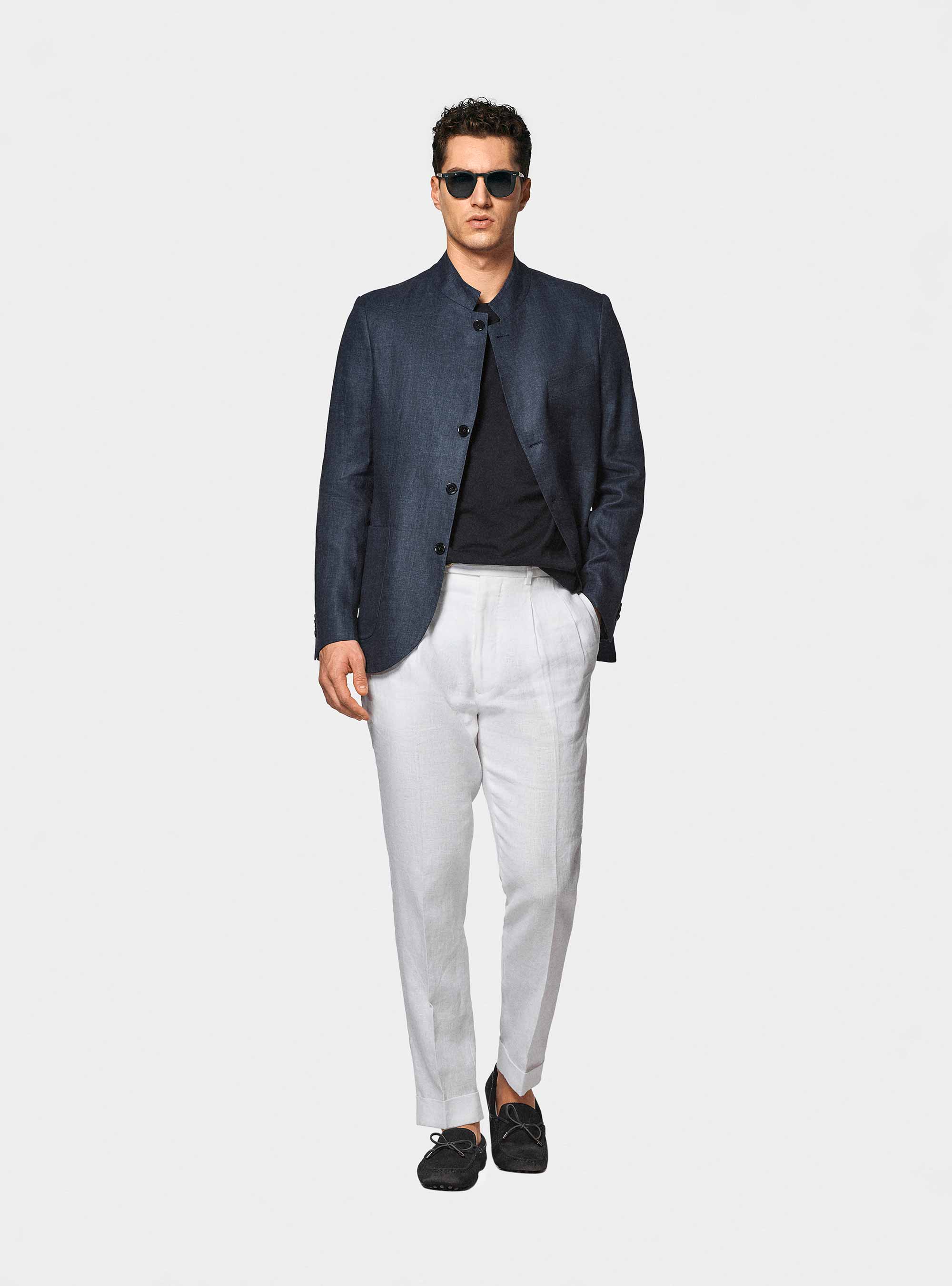 Giacca coreana in puro lino spigato, BLU NAVY