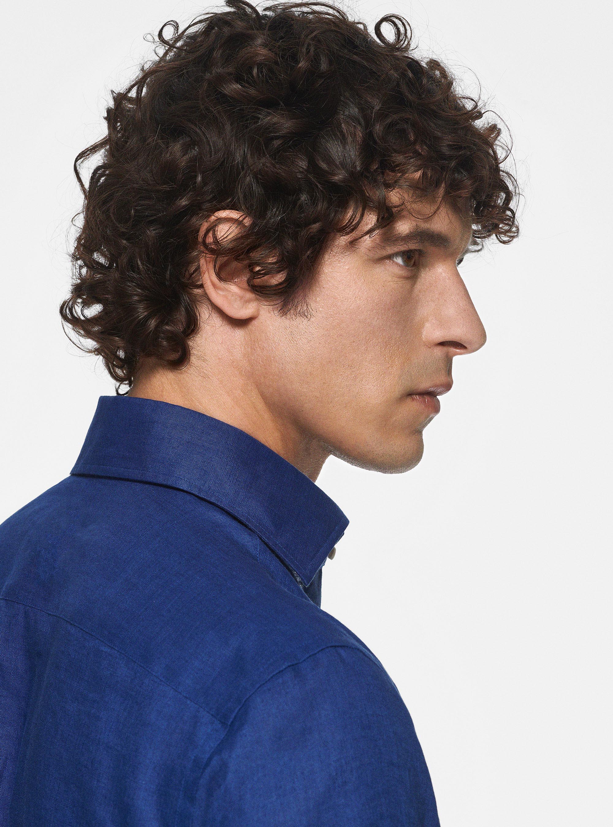 Camisa de cuello italiano en puro lino, AZUL MEDIO