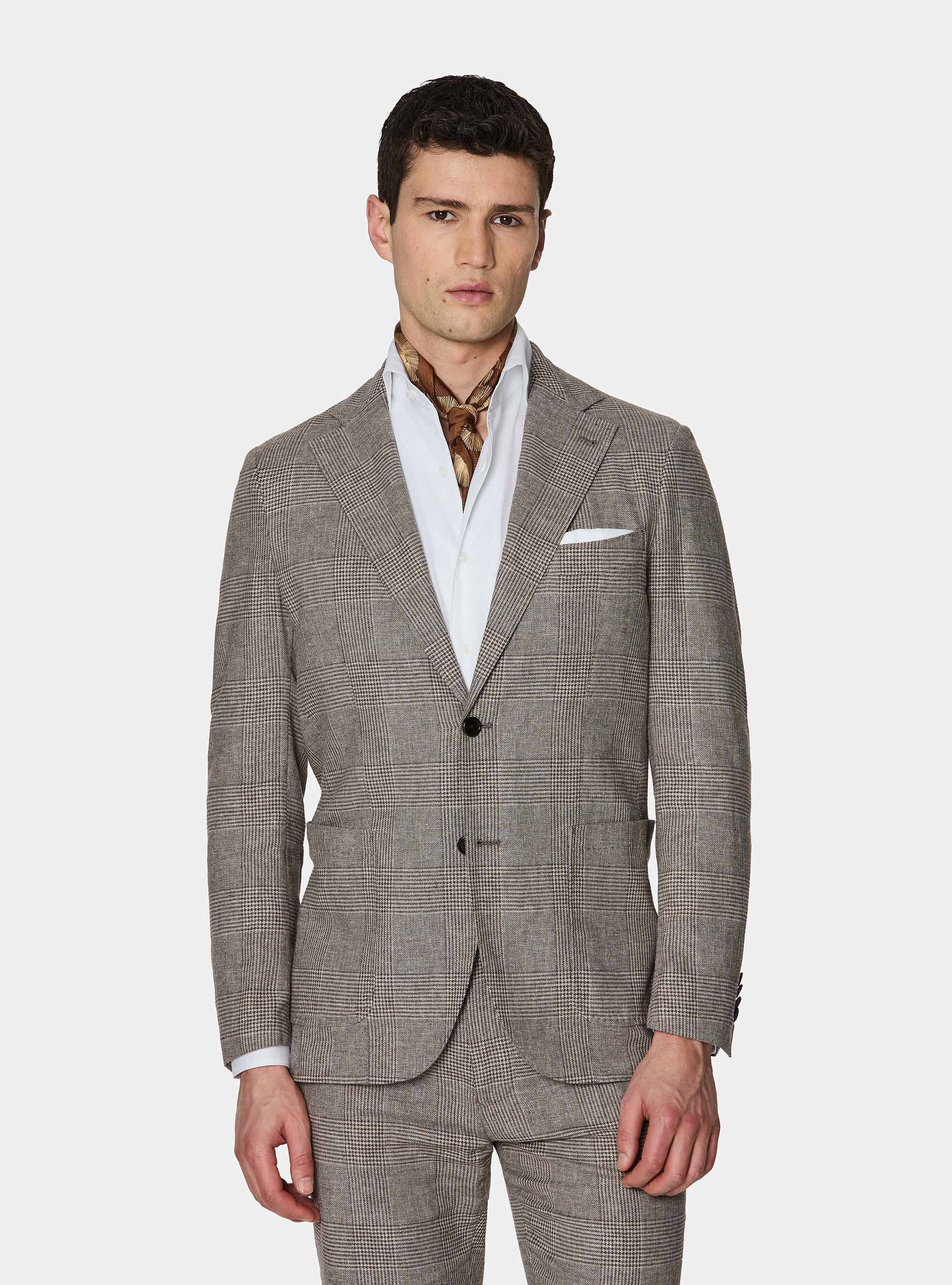 Giacca Principe di Galles in lino e cotone, MARRONE