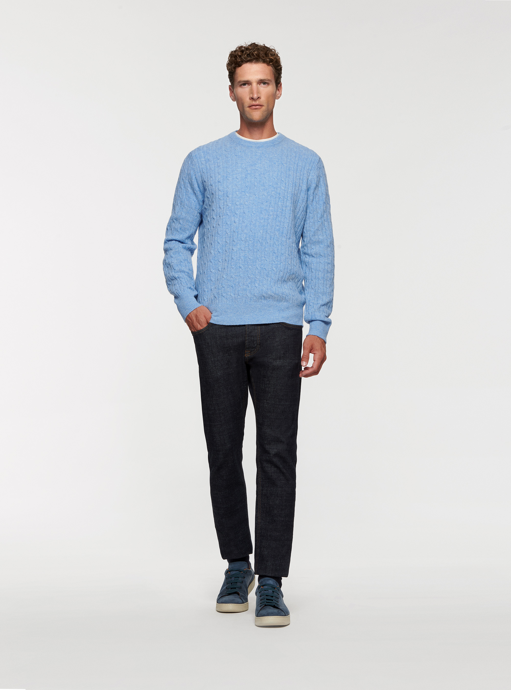 Maglia a treccia in lambswool, AZZURRO
