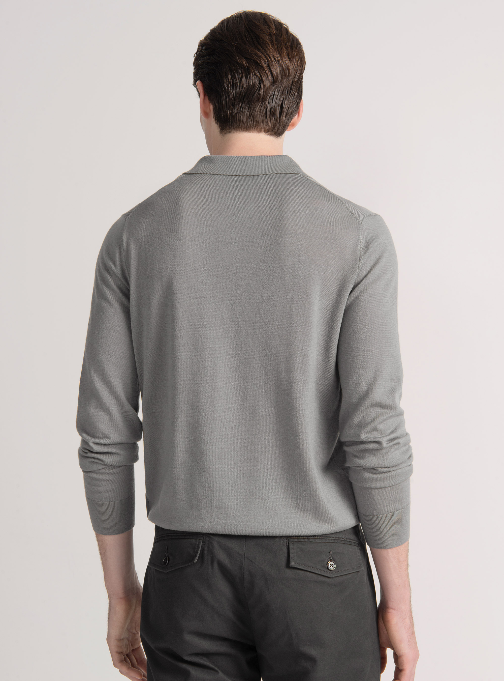 Polo in maglia senza bottoni in lana merino, GRIGIO CHIARO