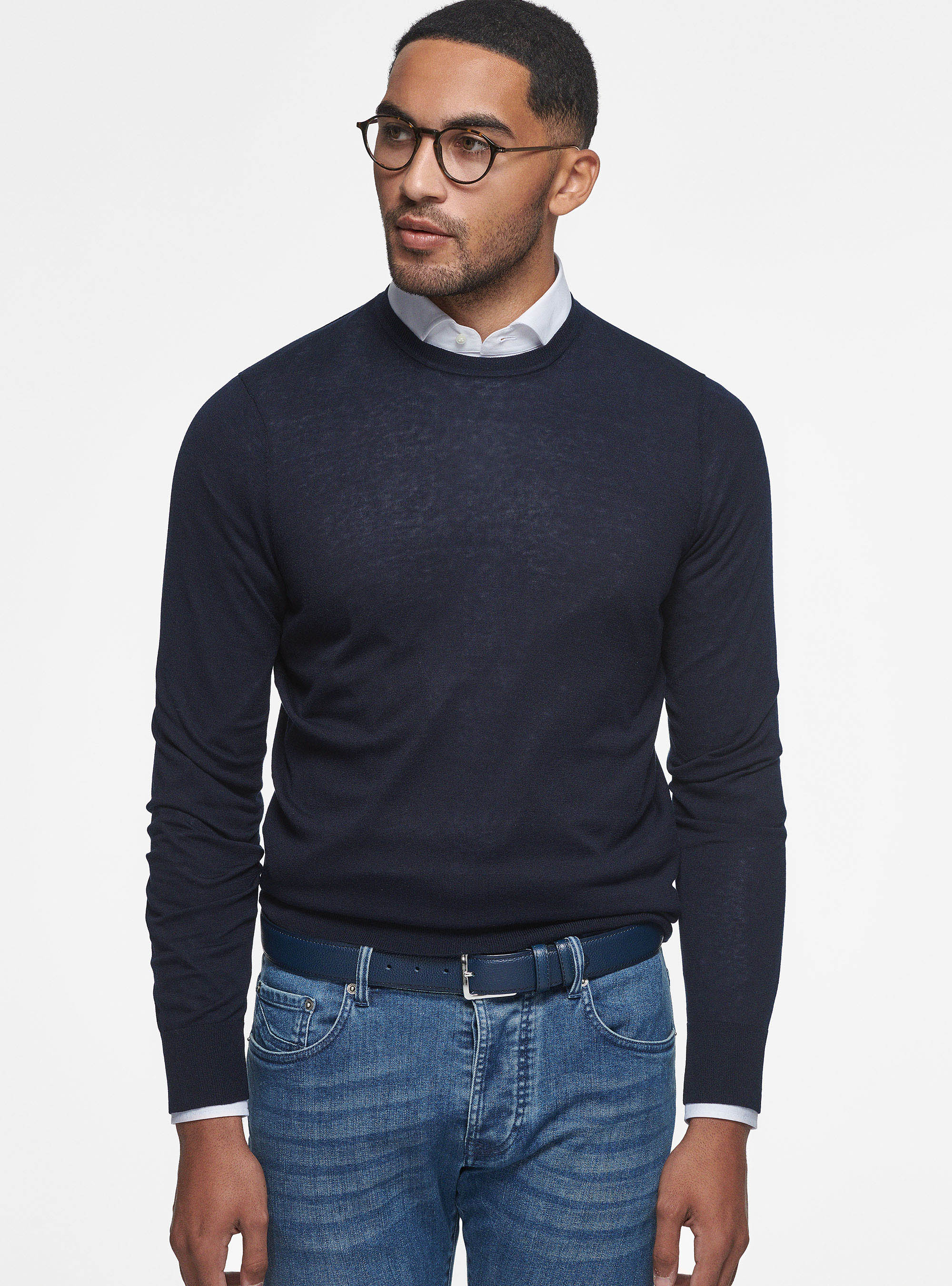 Silk and cotton crew-neck sweater, NAVY BLUE