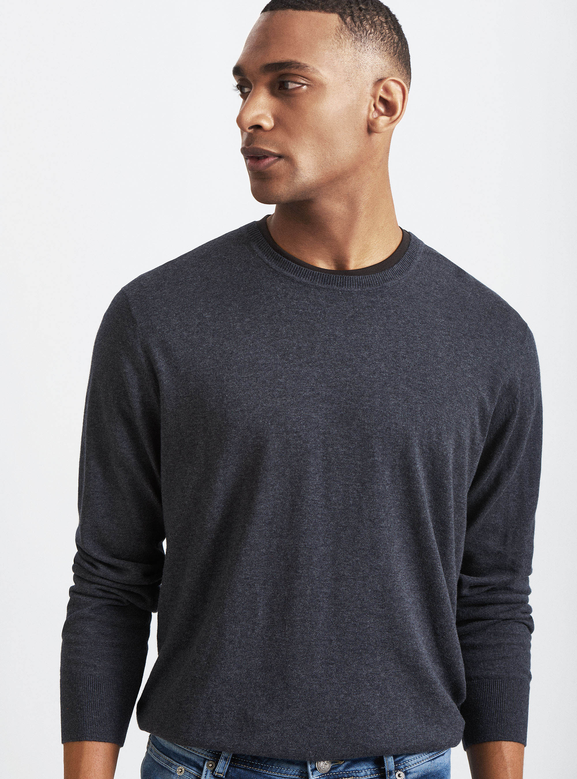 Round-neck cotton silk and cashmere sweater, ASPHALT GREY