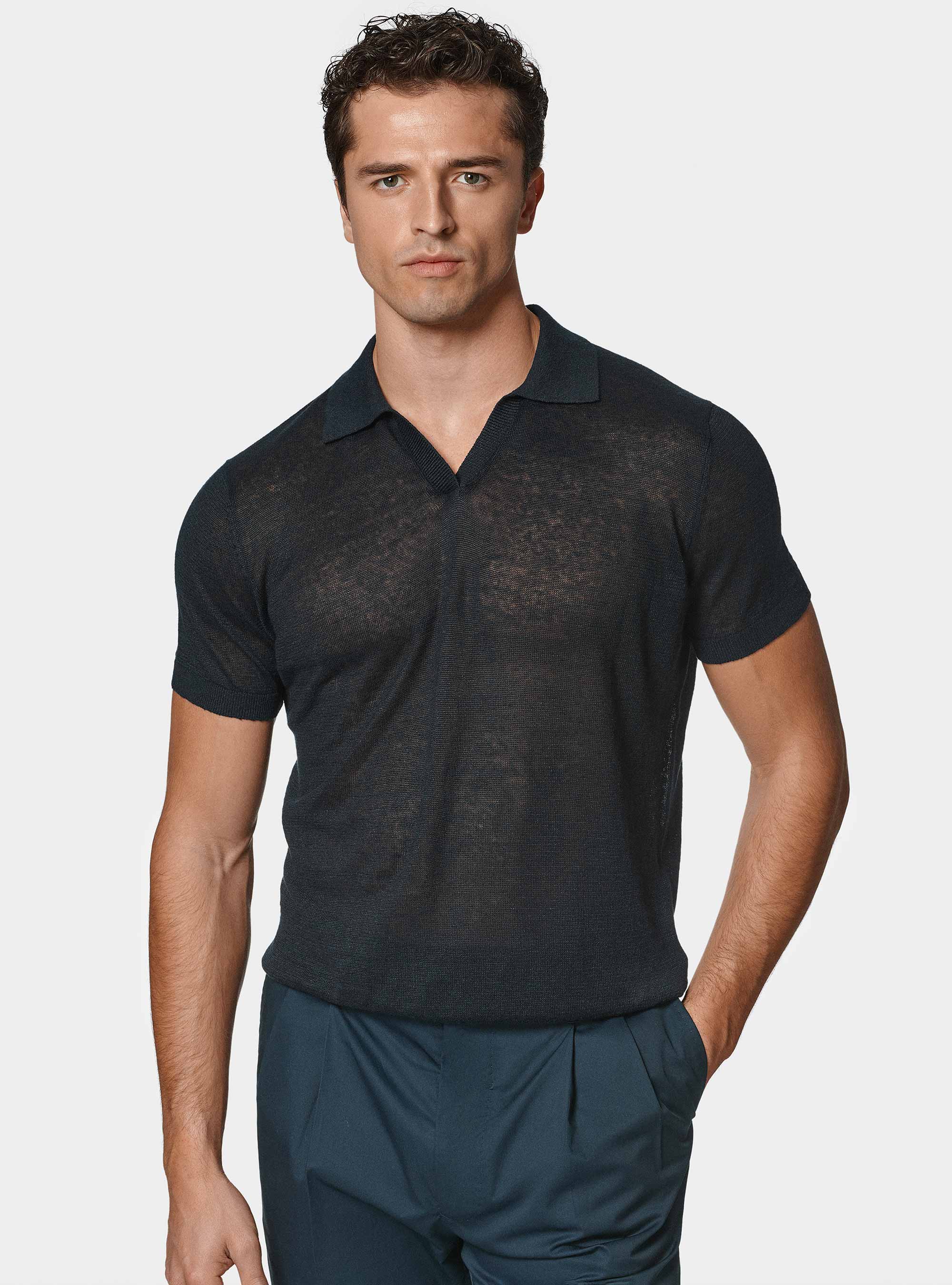 Polo in maglia senza bottoni in puro lino, BLU NAVY