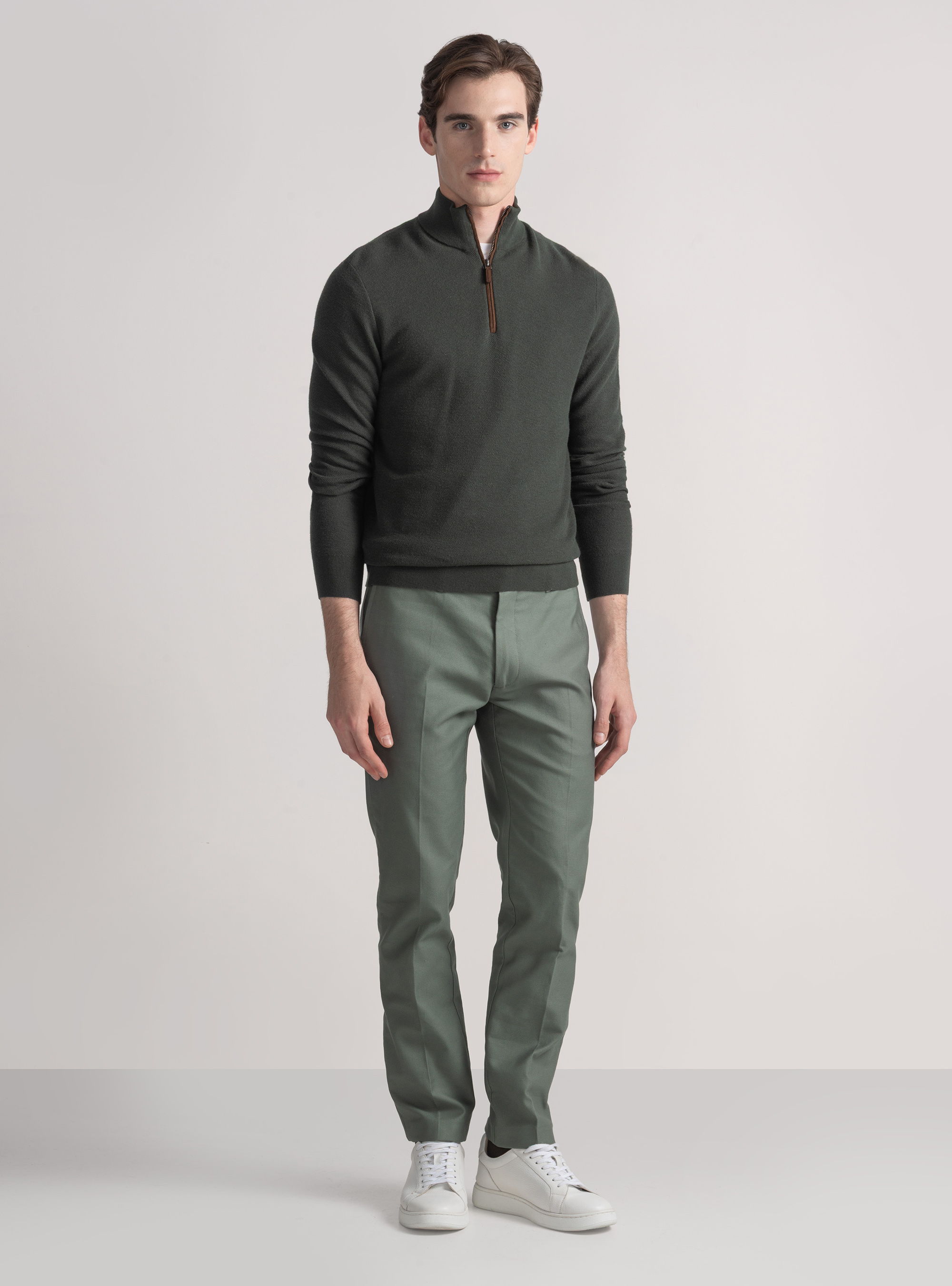 Maglia mock neck nido d'ape in cotone cashmere, MILITARE 0609C