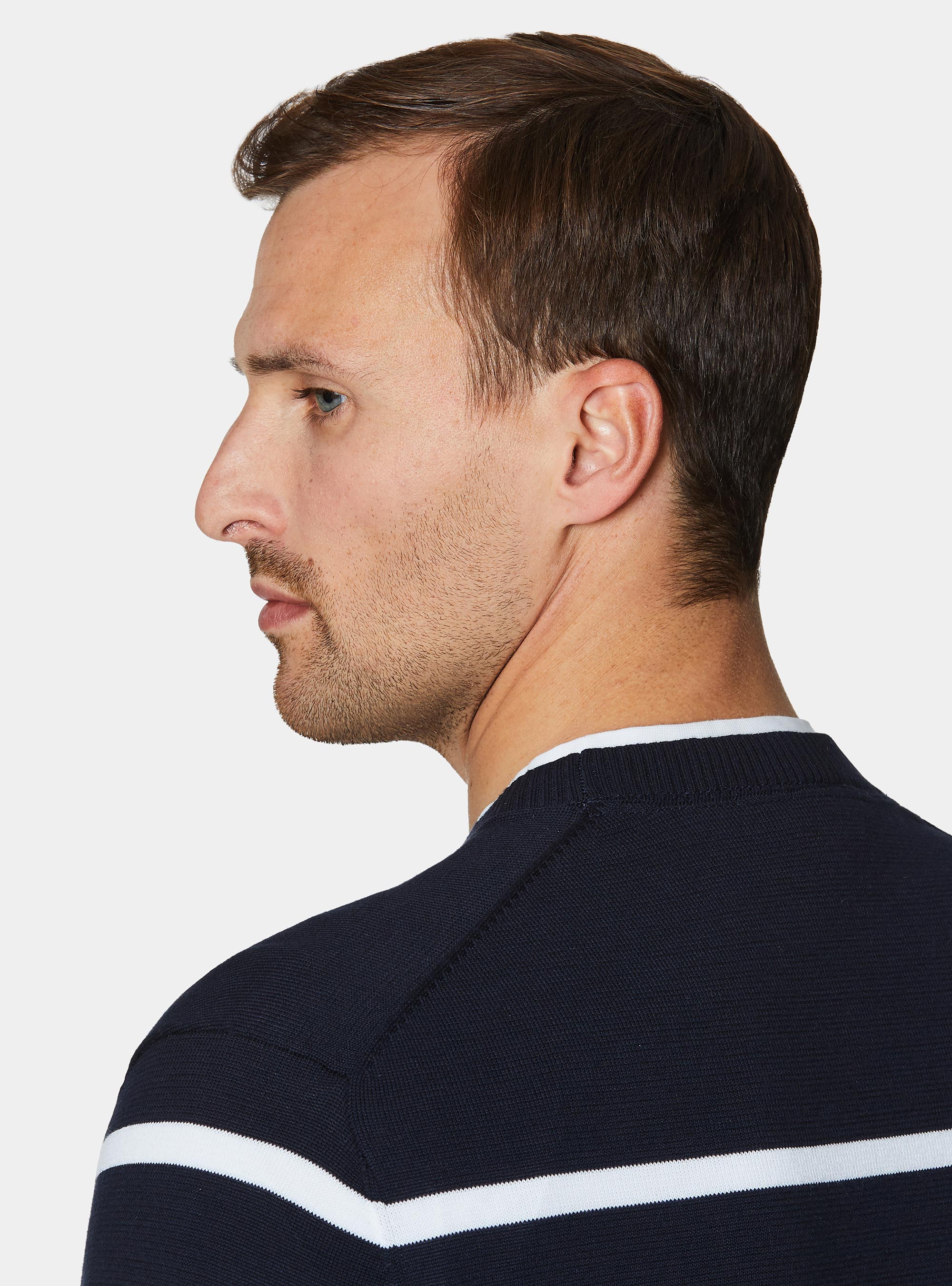 Crew-neck sweater in extra-fine striped cotton, NAVY BLUE