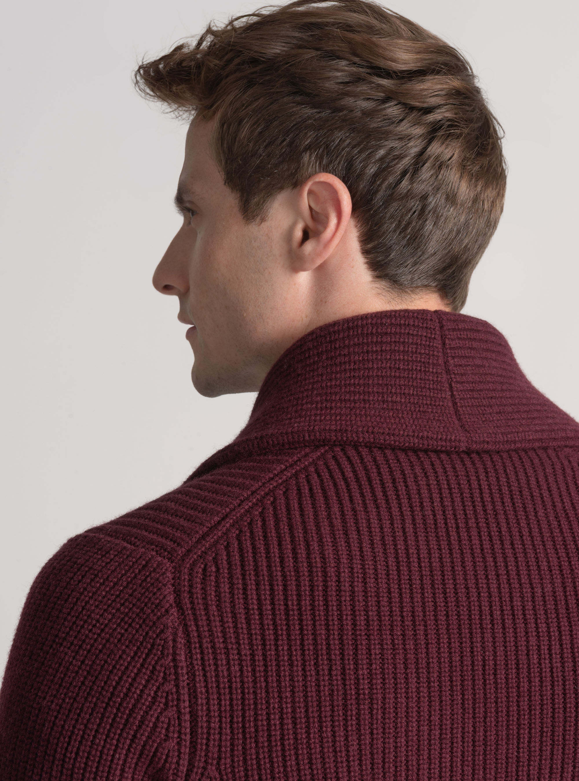 Cardigan in maglia sciallata in lana merino, BORDEAUX