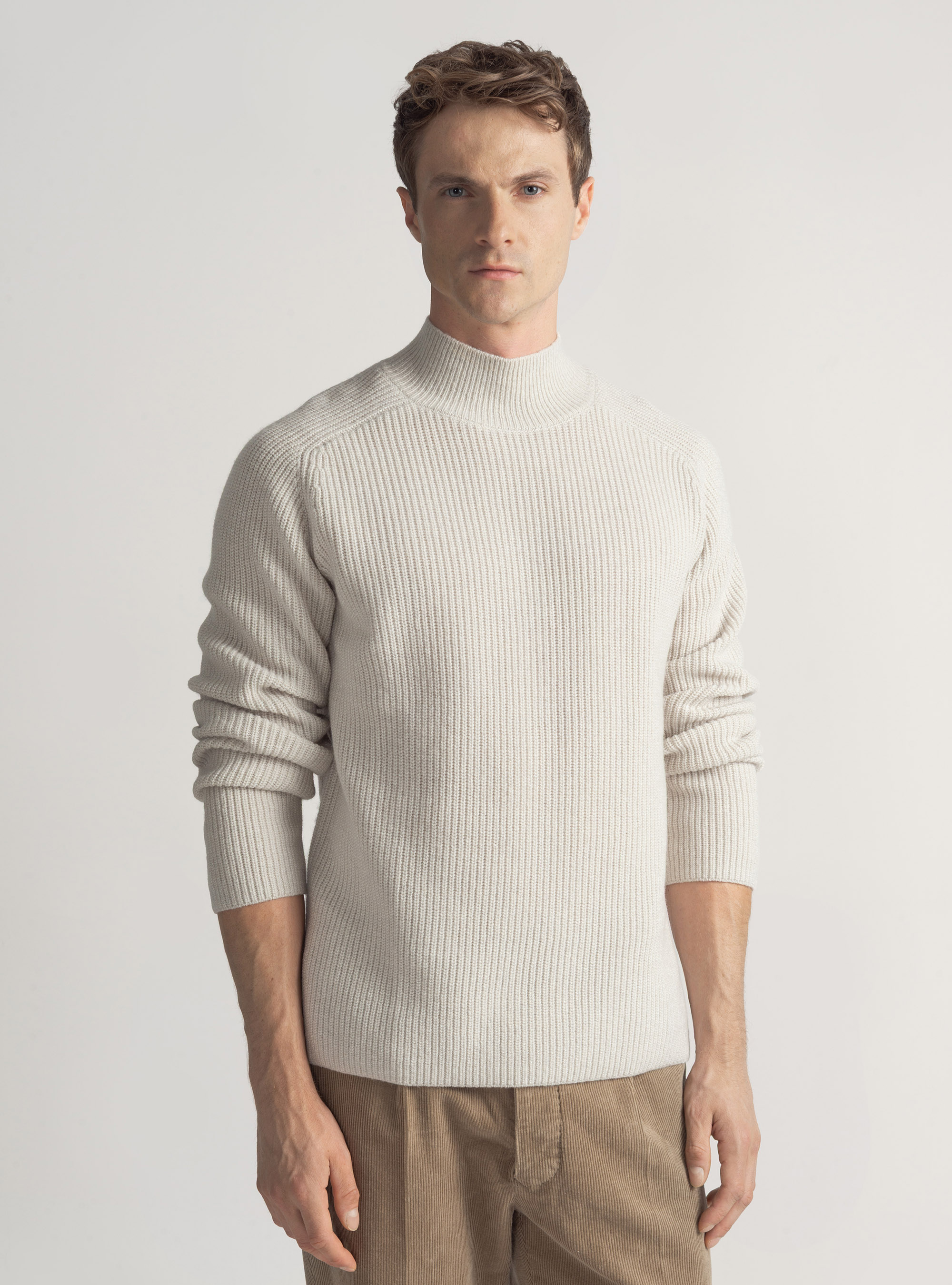 Maglia lupetto in misto lana costa perlata, ECRU