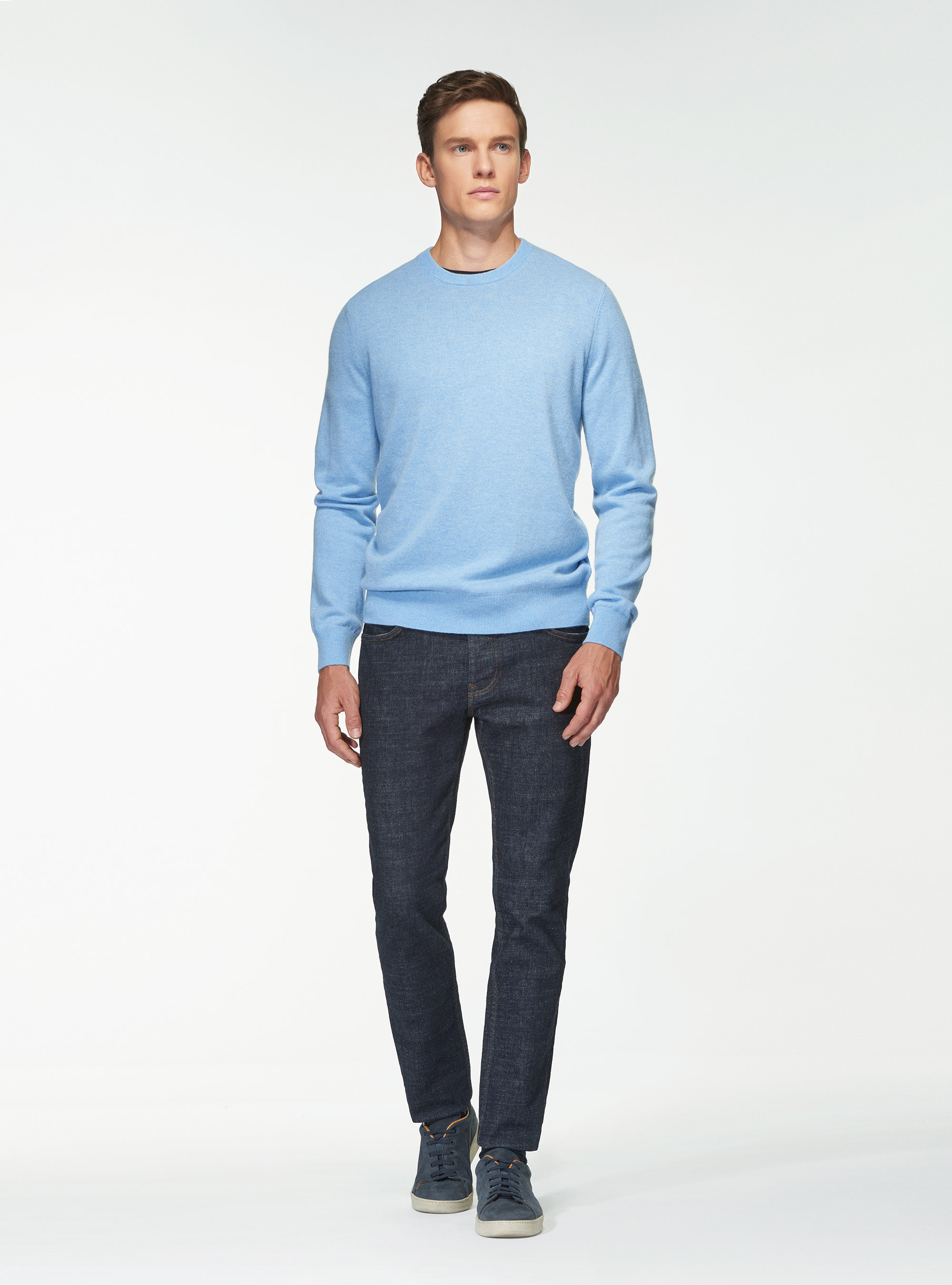 Maglia girocollo in puro cashmere, AZZURRO