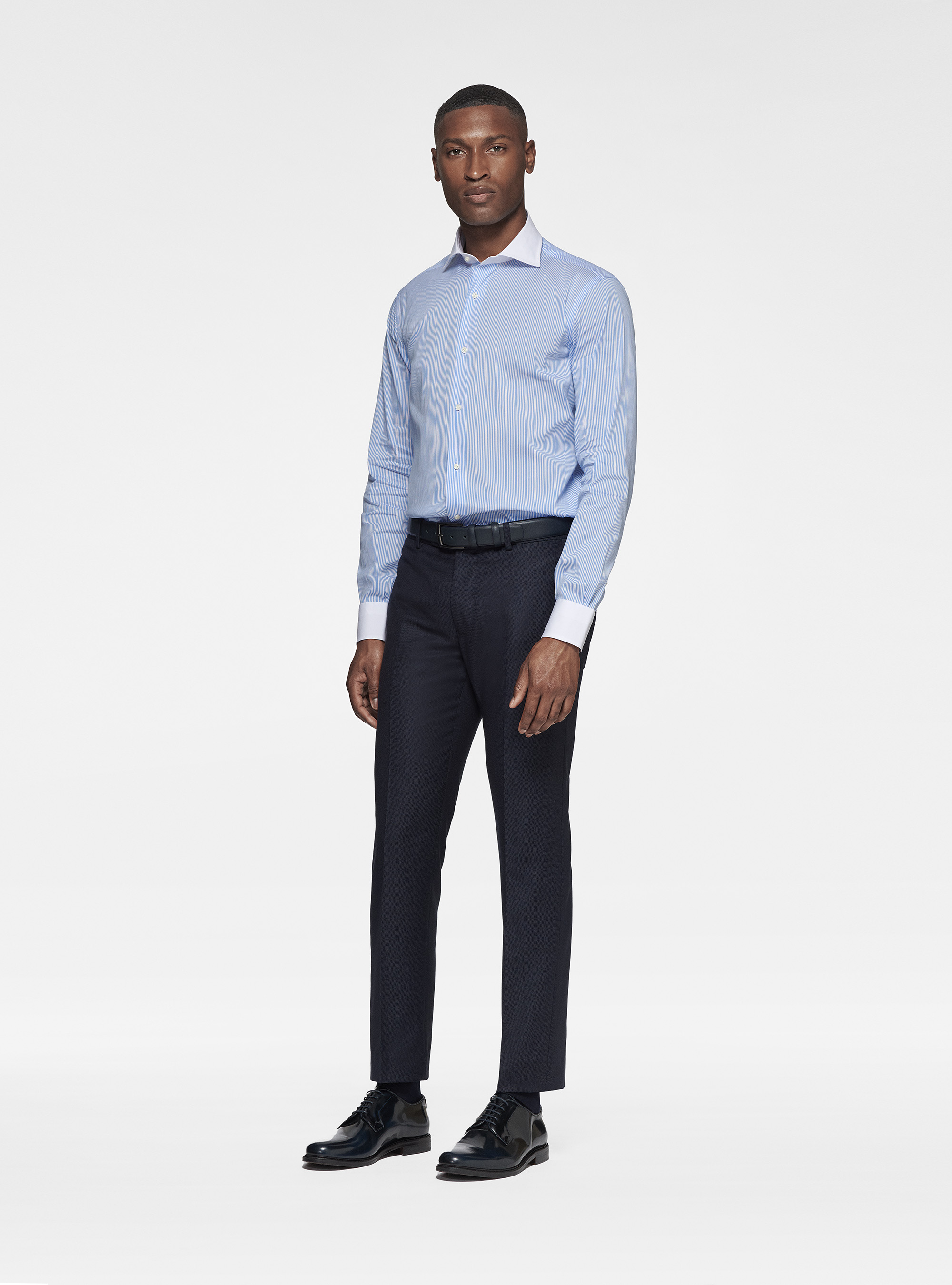 Camicia rigata in popeline stretch con contrasto, AZZURRO