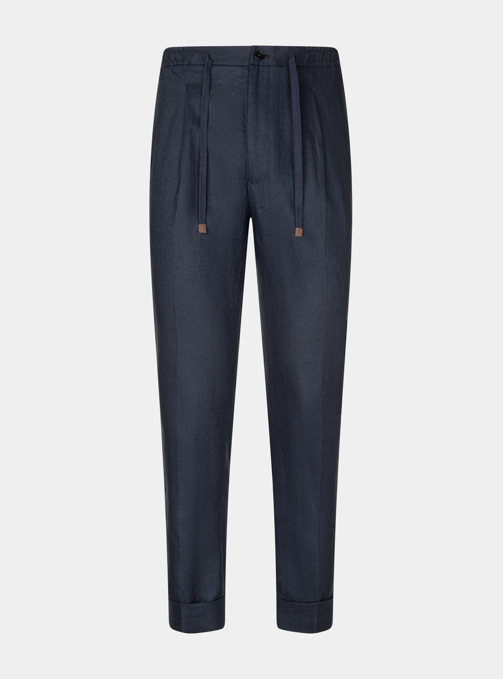 Pure linen pleat and drawstring trousers, NAVY BLUE