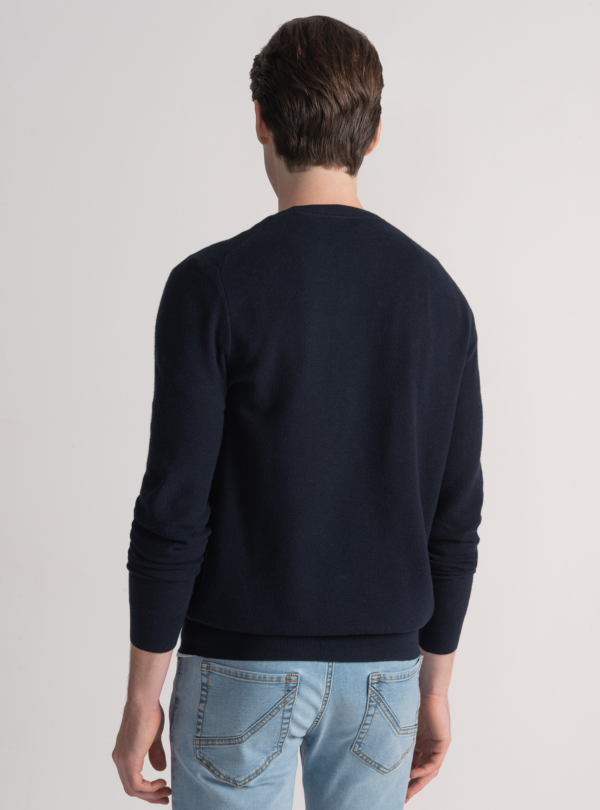 Trikot mit Rundhalsausschnitt aus Baumwolle und Kaschmir mit Wabenmuster, NAVY 0218C