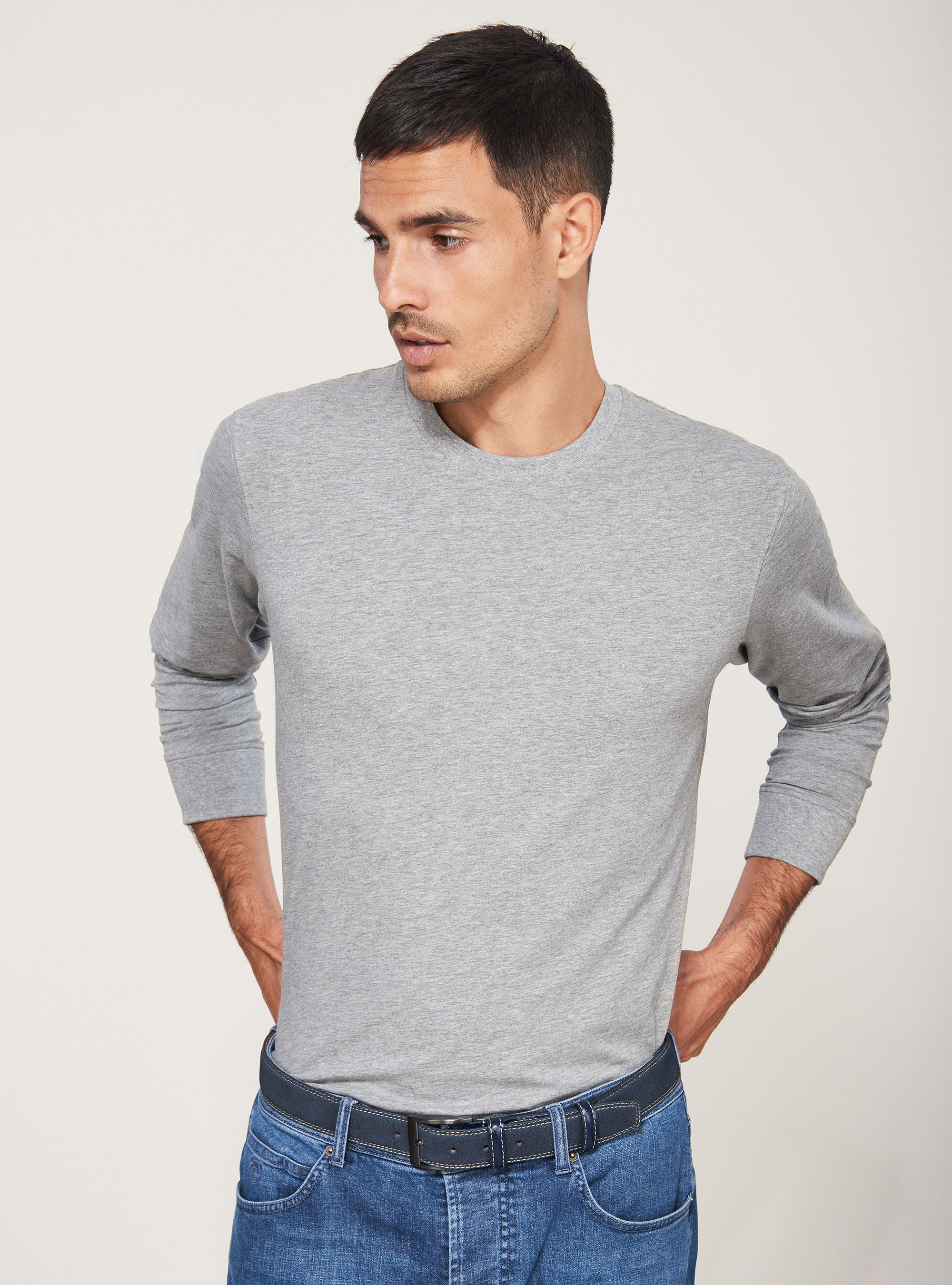 T-Shirt manica lunga in cotone stretch, GRIGIO CHIARO