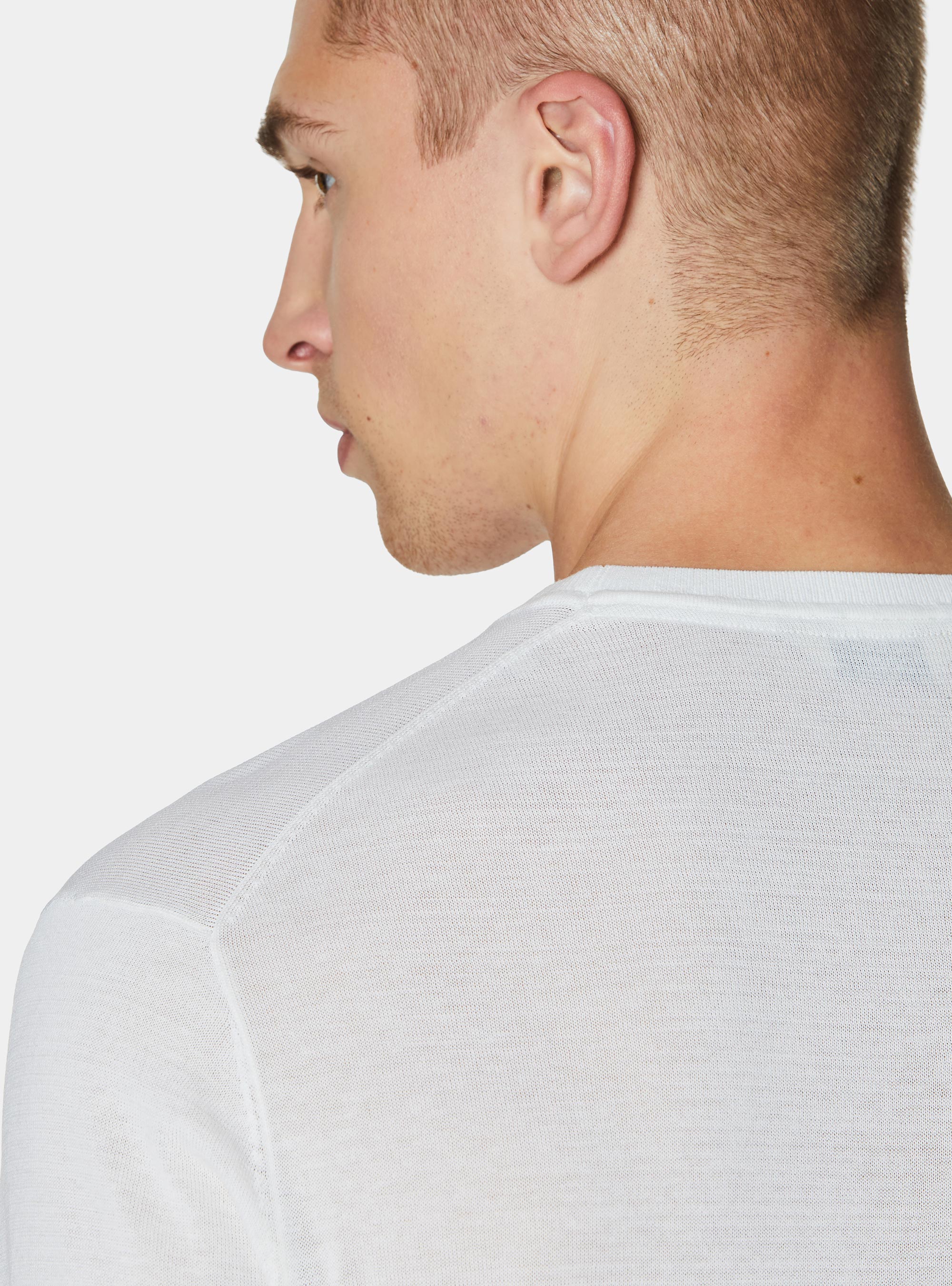 Trikot &agrave; col rond en coton et soie, BLANC