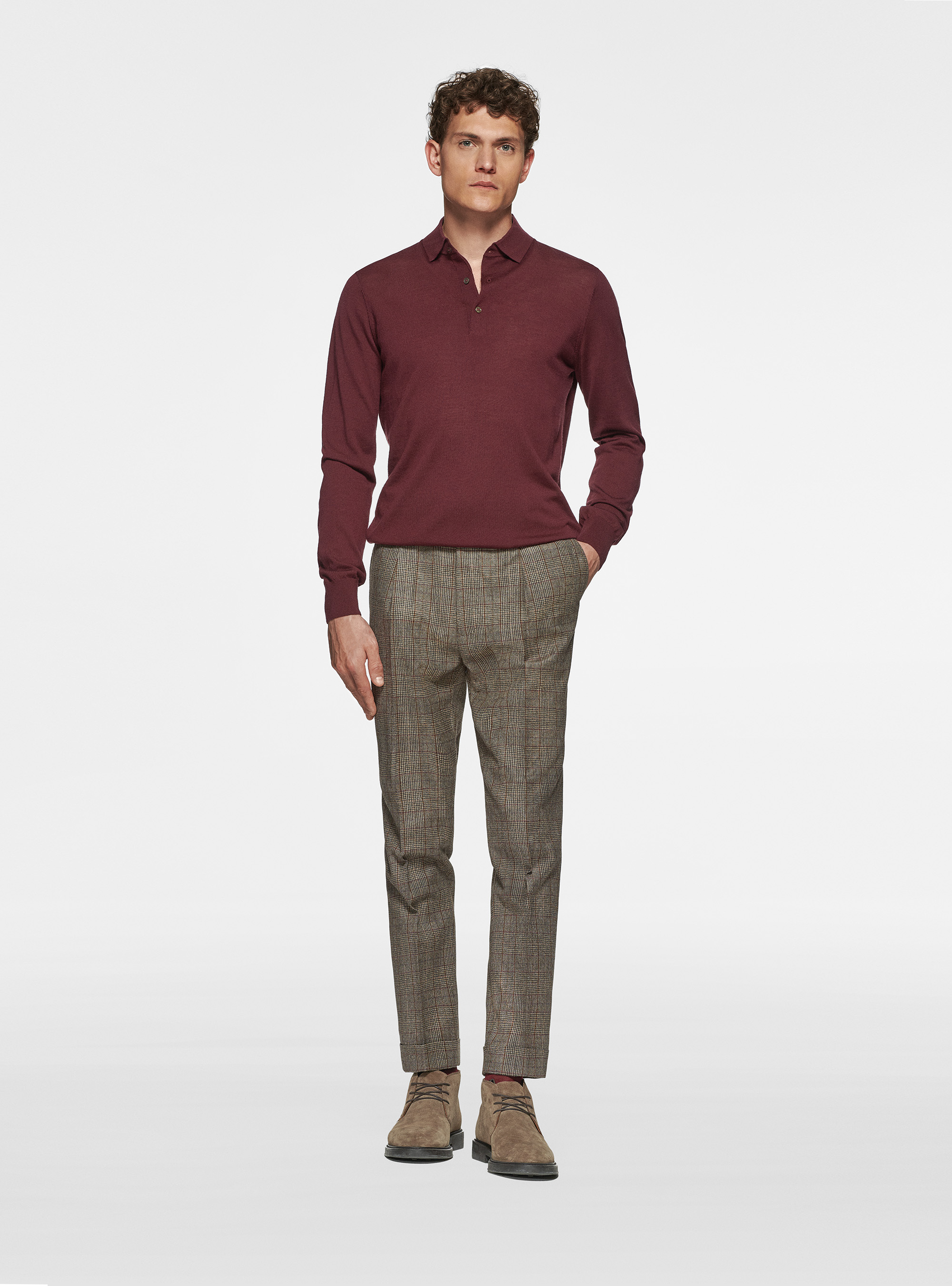 Polo shirt in pure extra-fine merino wool, BORDEAUX