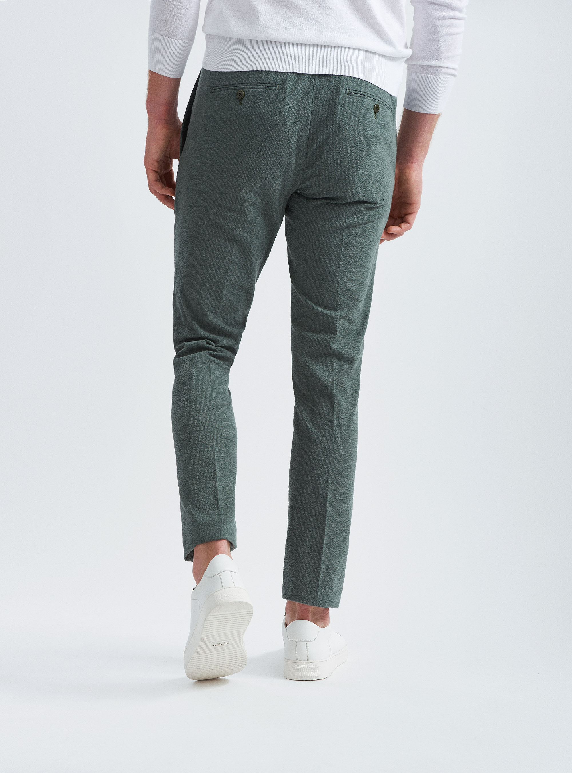 Pantaloni per abito seersucker in cotone stretch, 0609C MILITARE