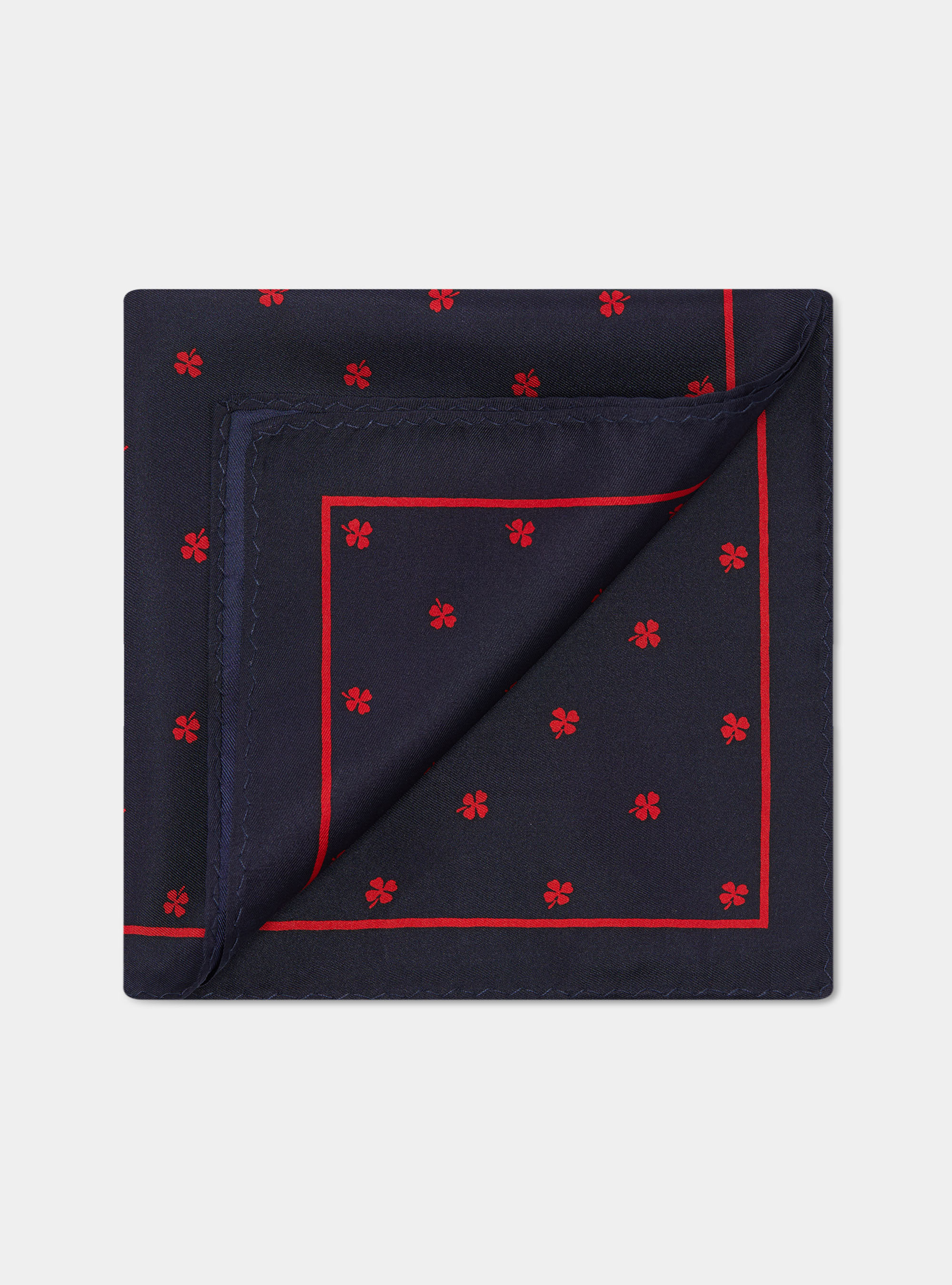 Pochette fantasia quadrifoglio in seta stampata, BLU NAVY/ROSSO B94