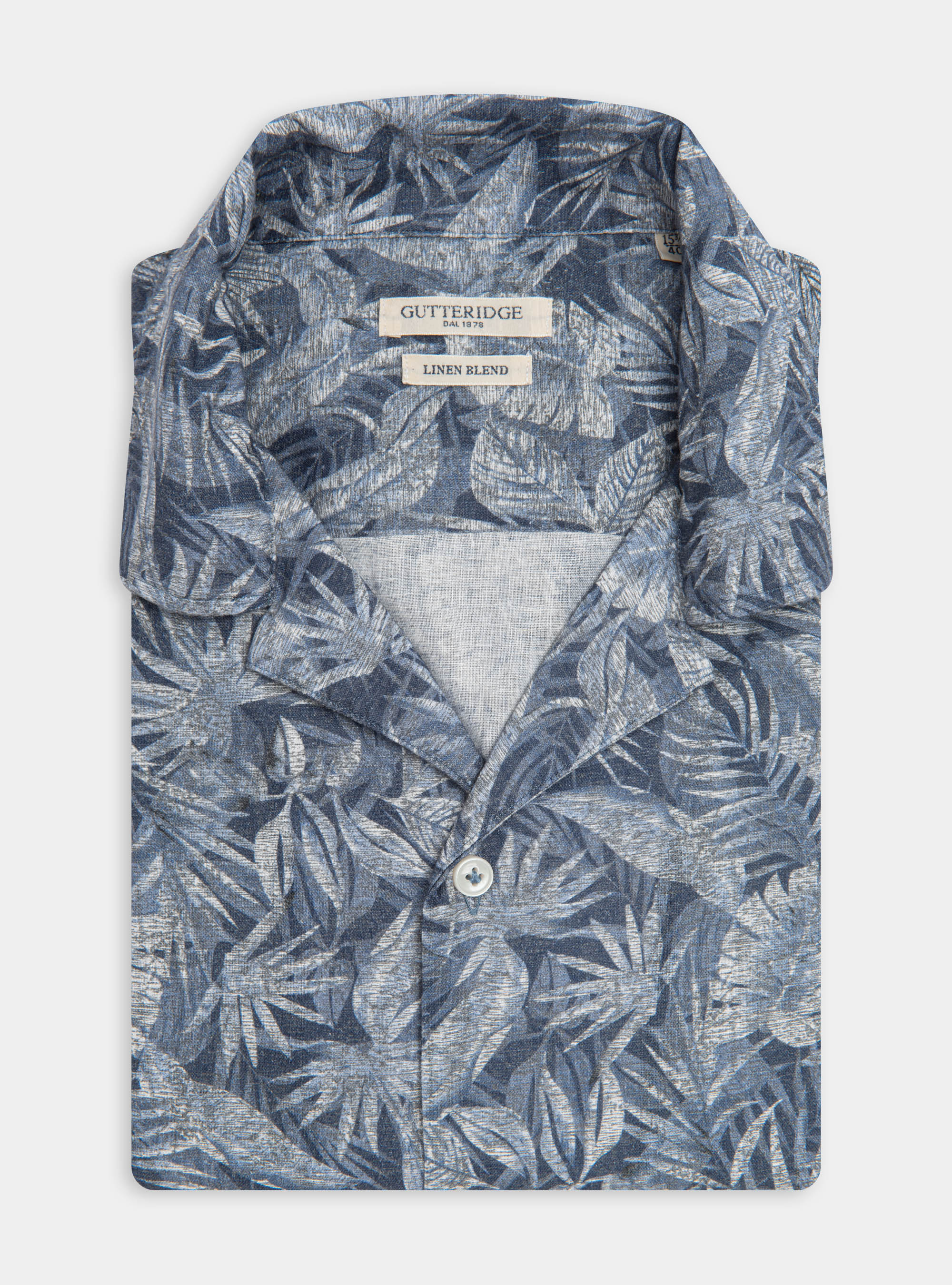 Camicia stampata in lino e cotone con collo bowling, BLU