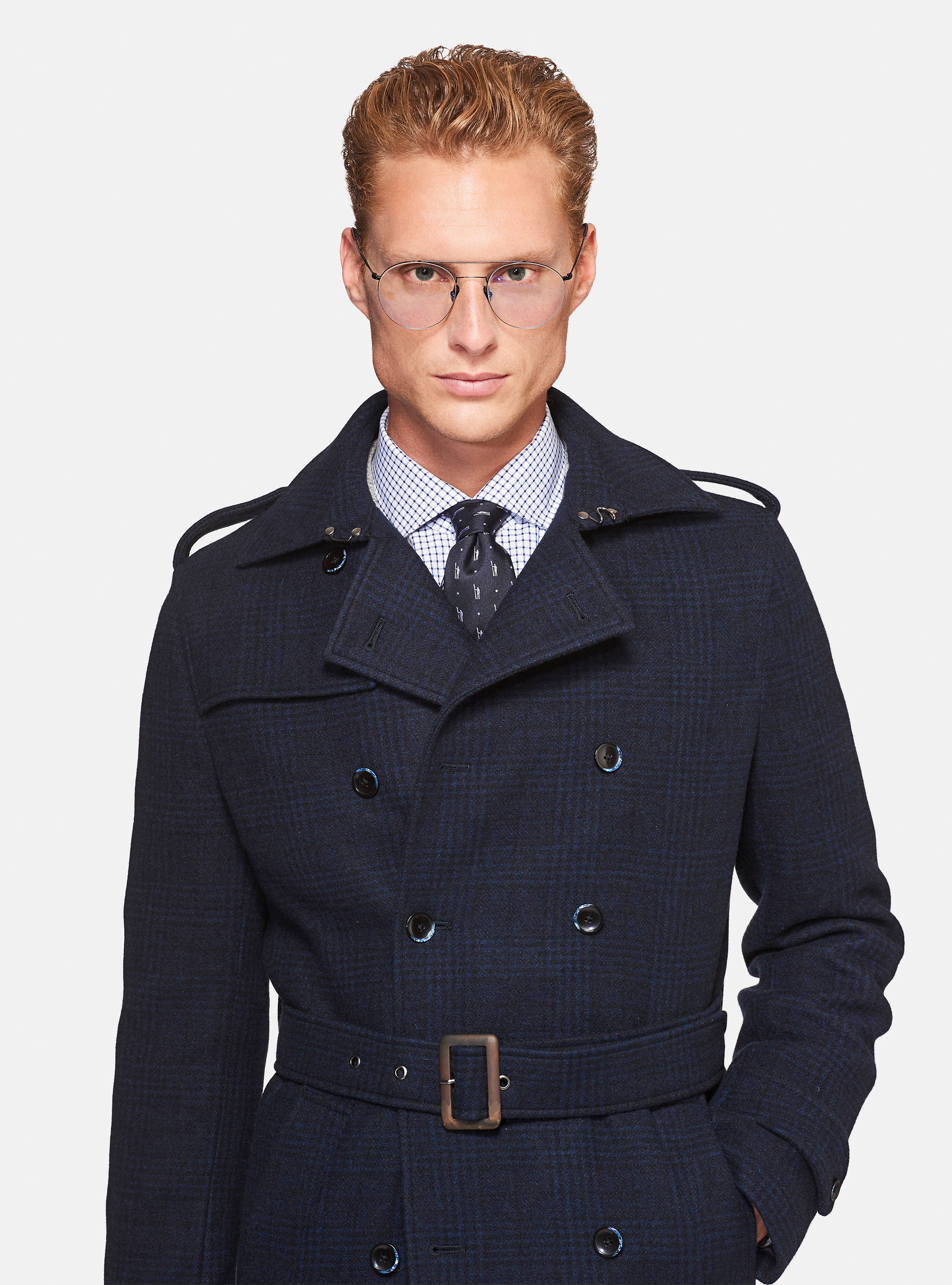 Trench doppiopetto in lana cashmere, BLU NAVY