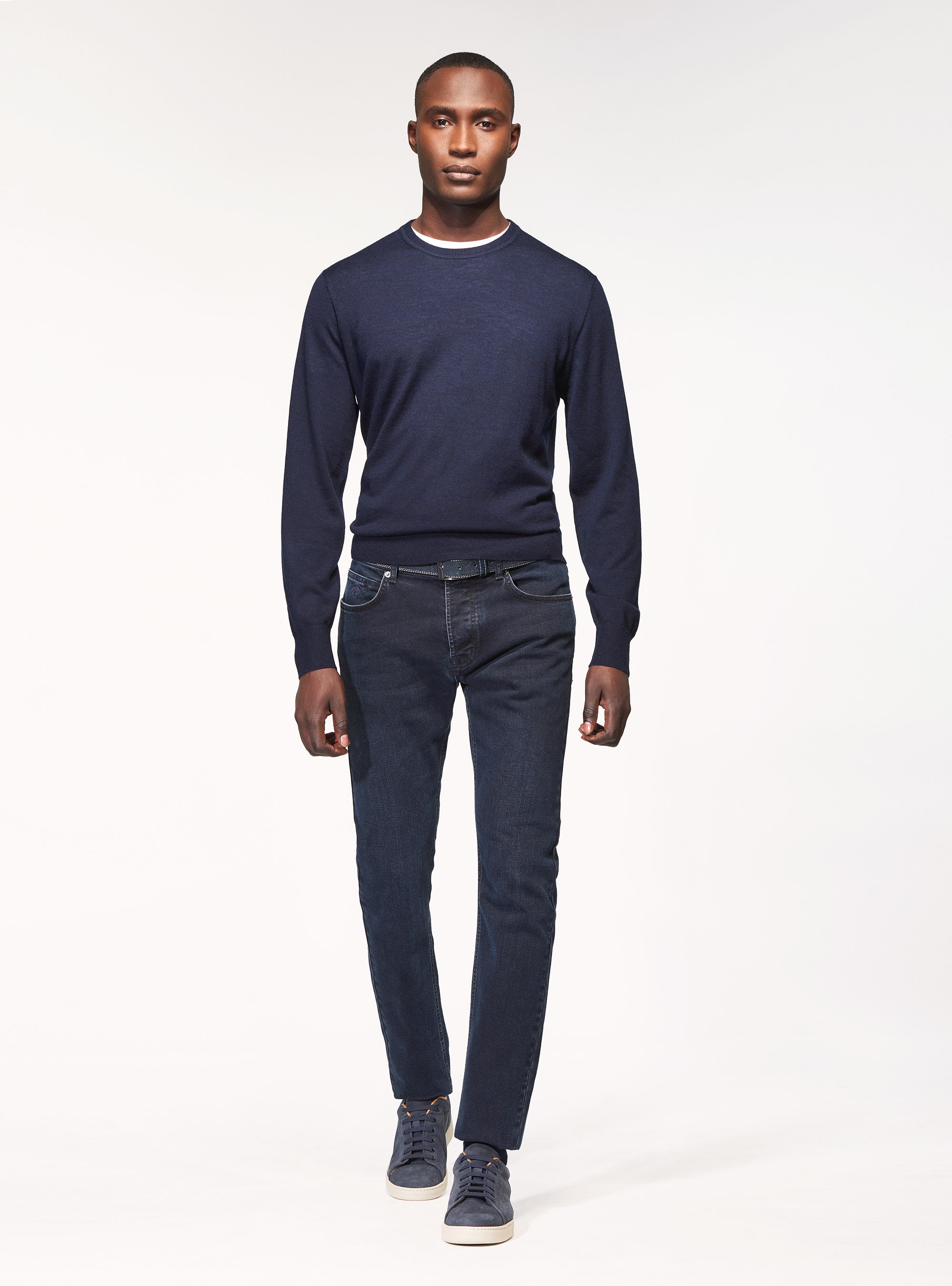 Maglia girocollo in pura lana merino extrafine, BLU NAVY