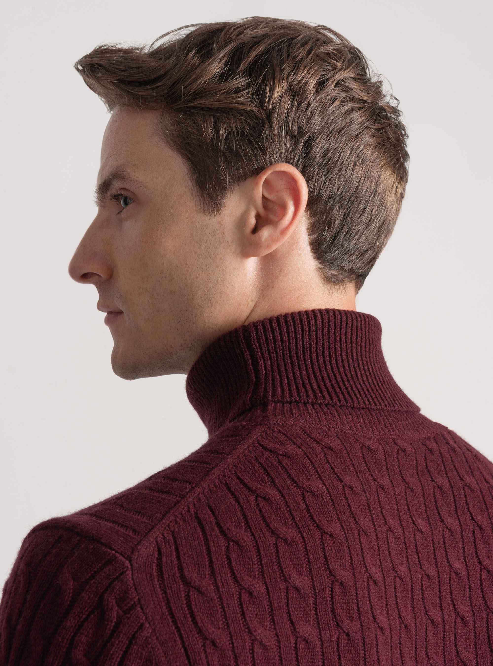 Maglia collo alto con treccia in lana cashmere, BORDEAUX