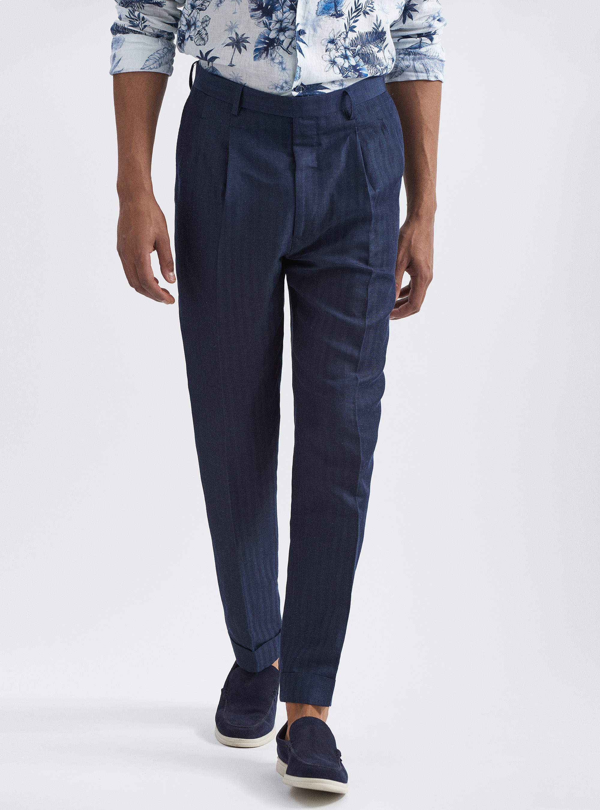 Pantaloni per abito in misto lino, BLU NAVY