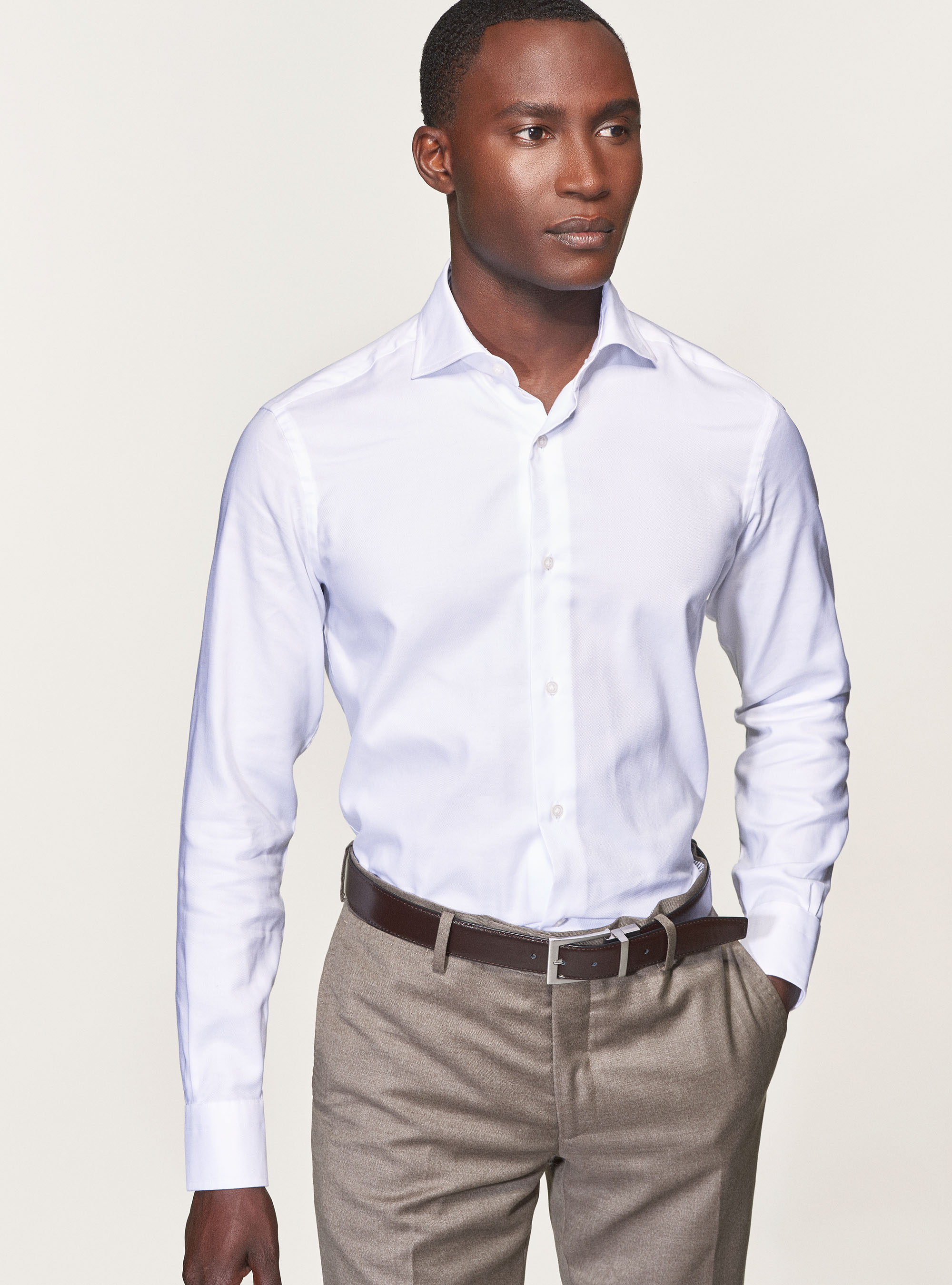 Camicia collo semi francese in oxford di cotone, BIANCO