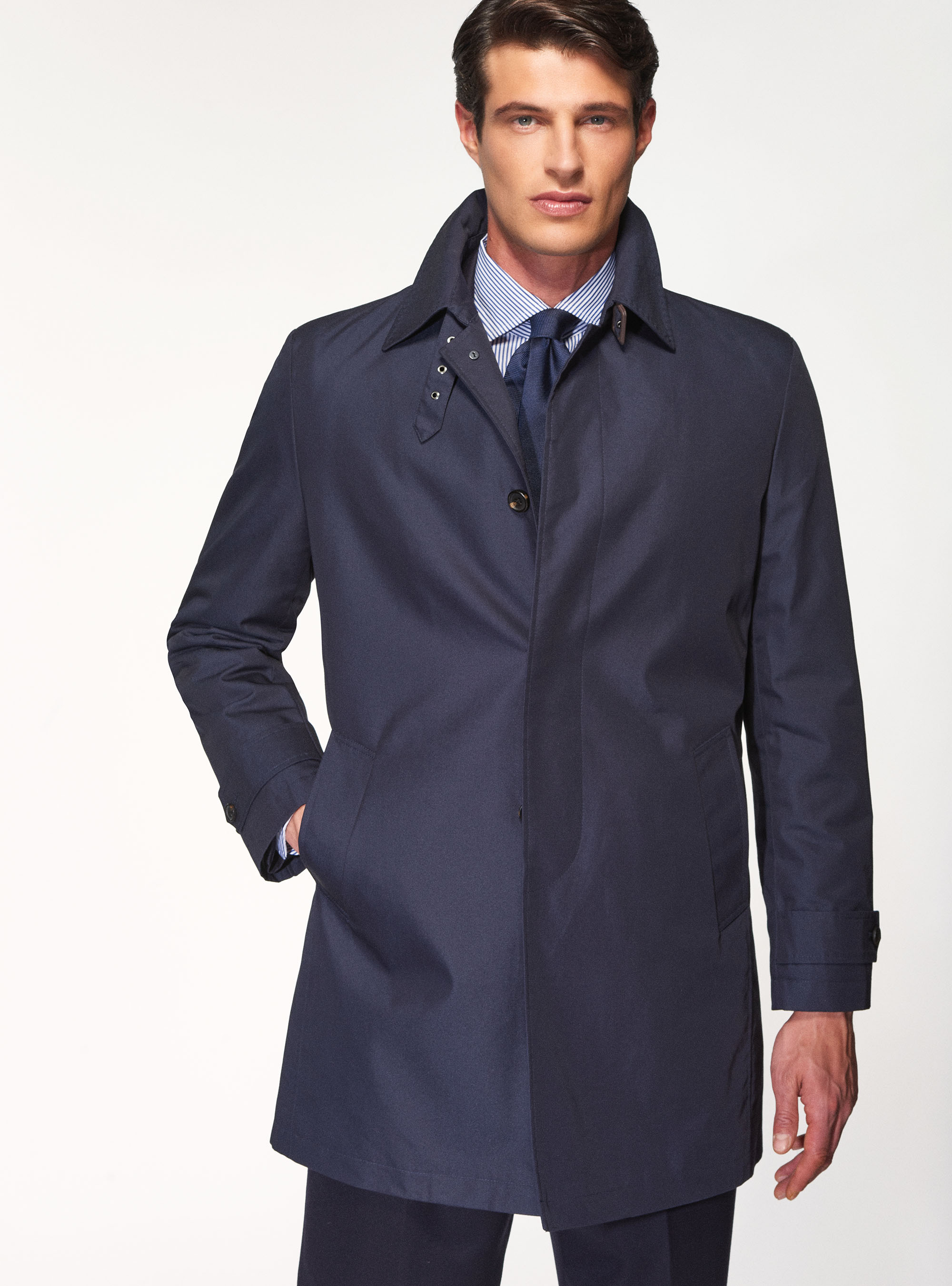 Impermeabile monopetto in cotone tecnico, BLU NAVY