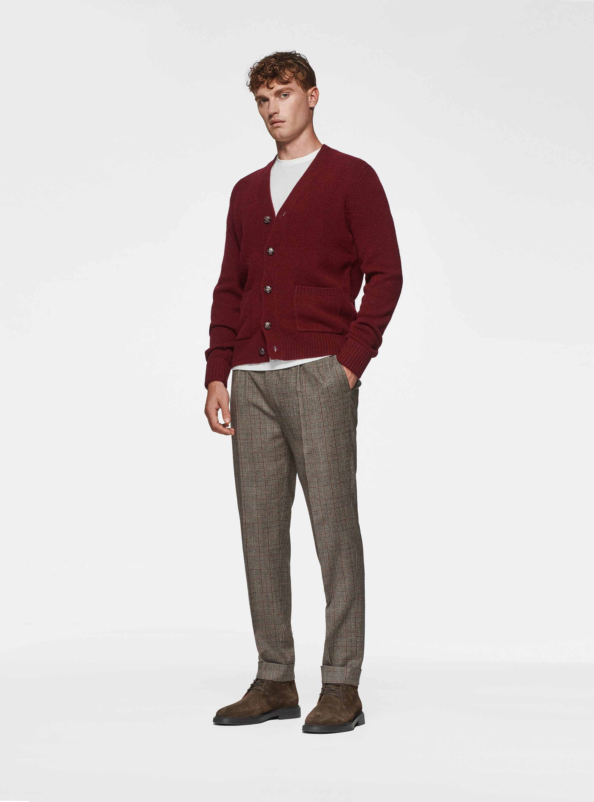 Cardigan in maglia in lana shetland, BORDEAUX