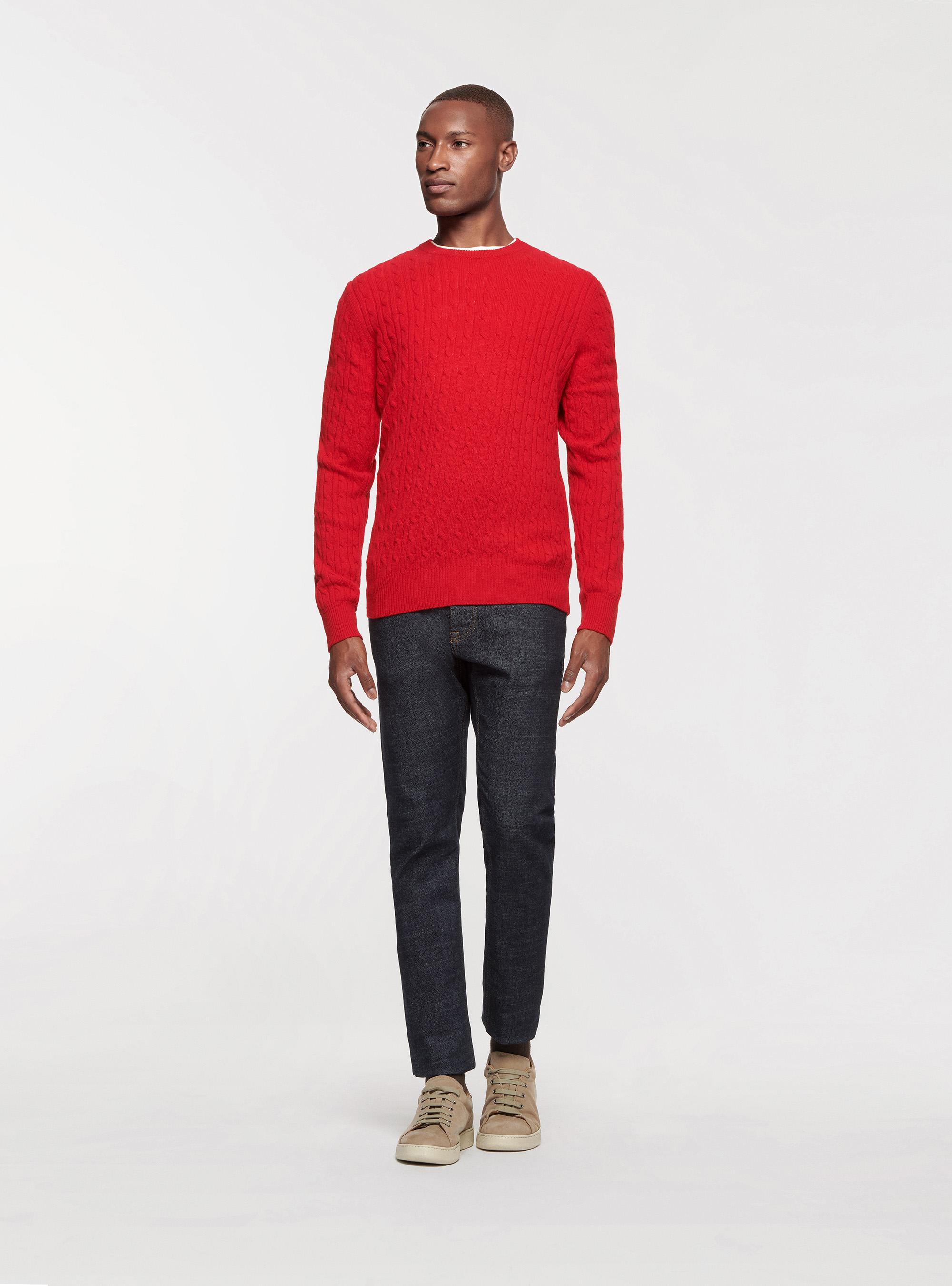 Maglia a treccia in lambswool, ROSSO