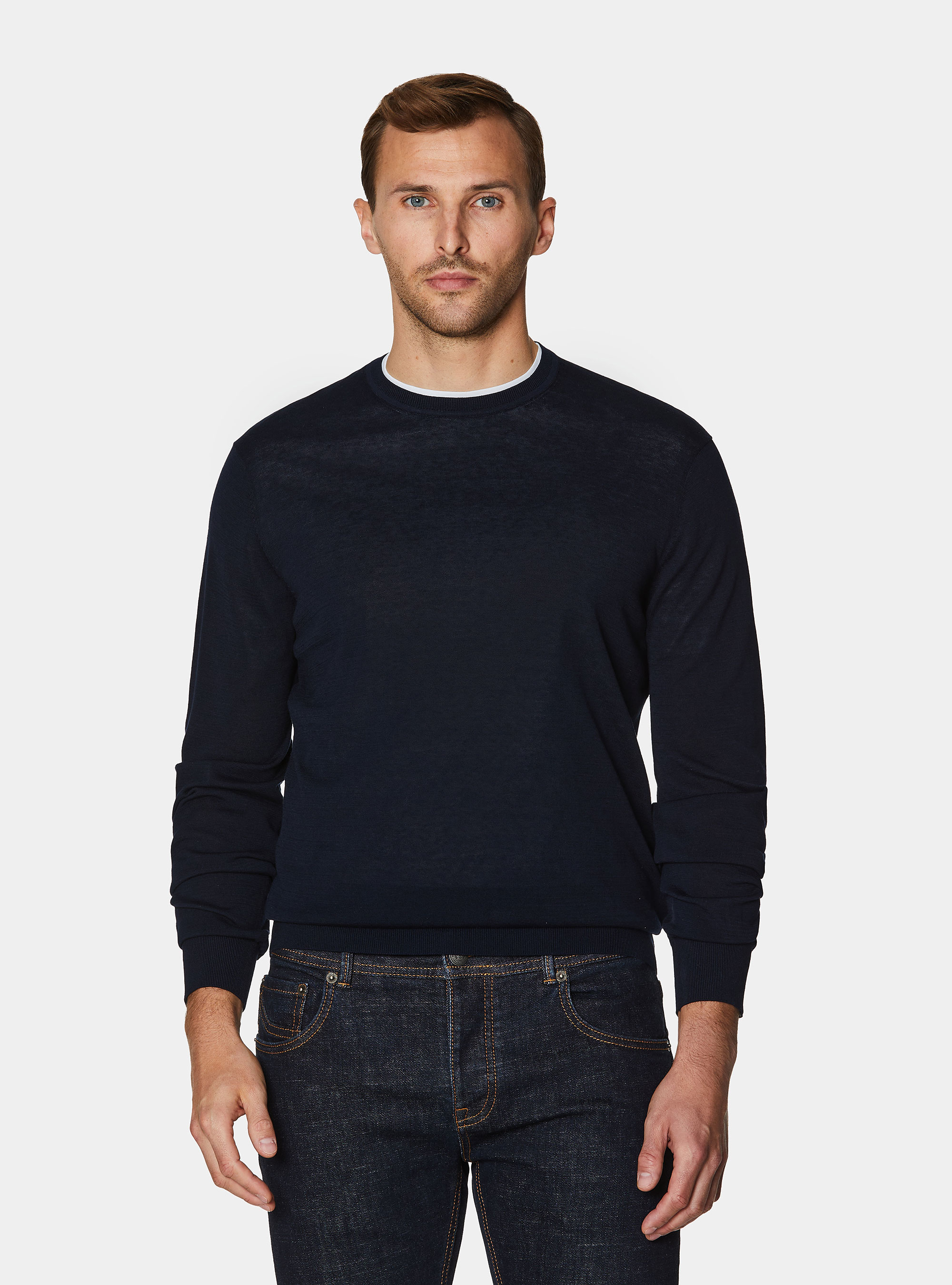 Cotton and silk crew neck sweater, NAVY BLUE