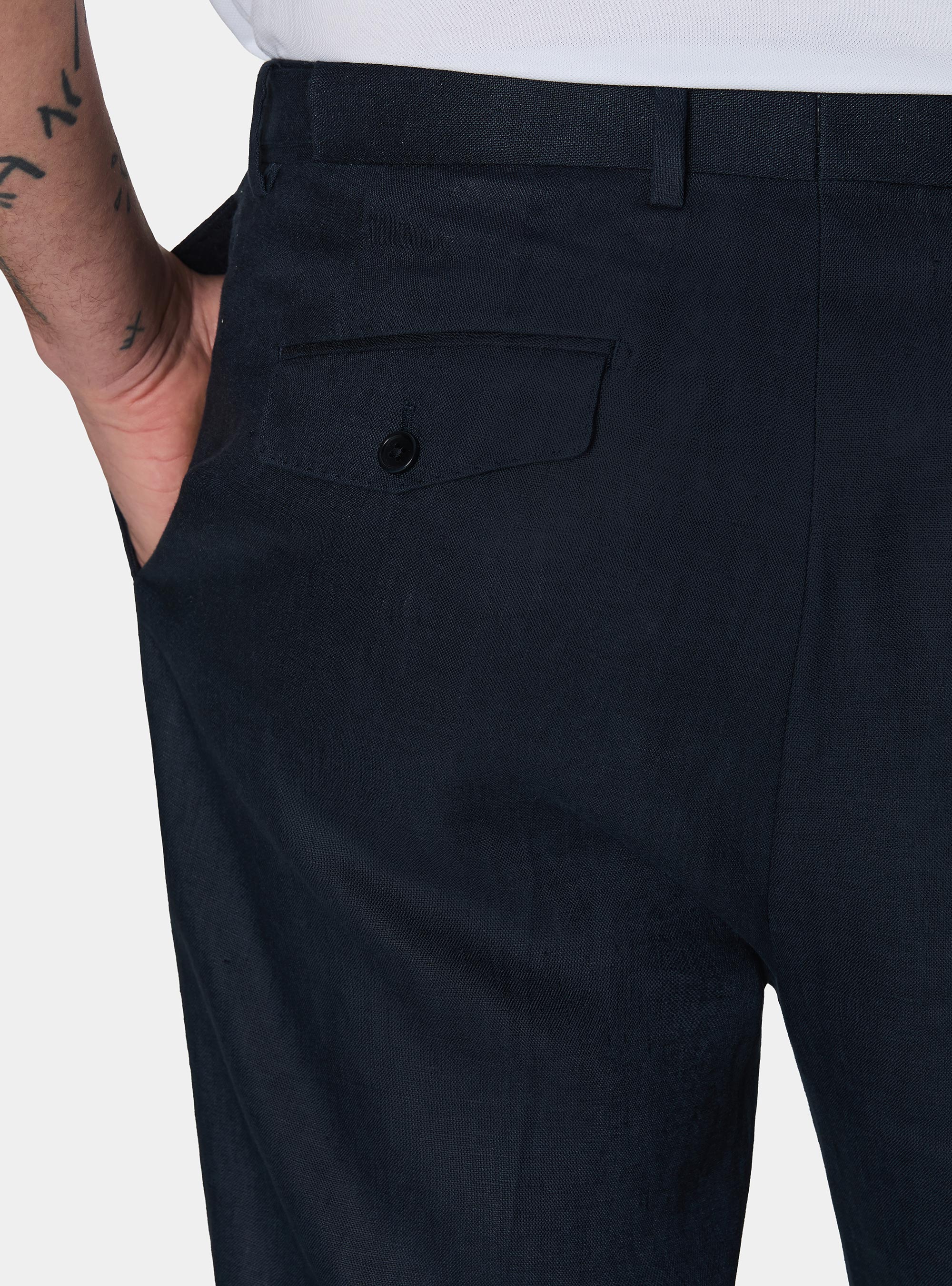 Pantaloni con pince in puro lino, BLU NAVY