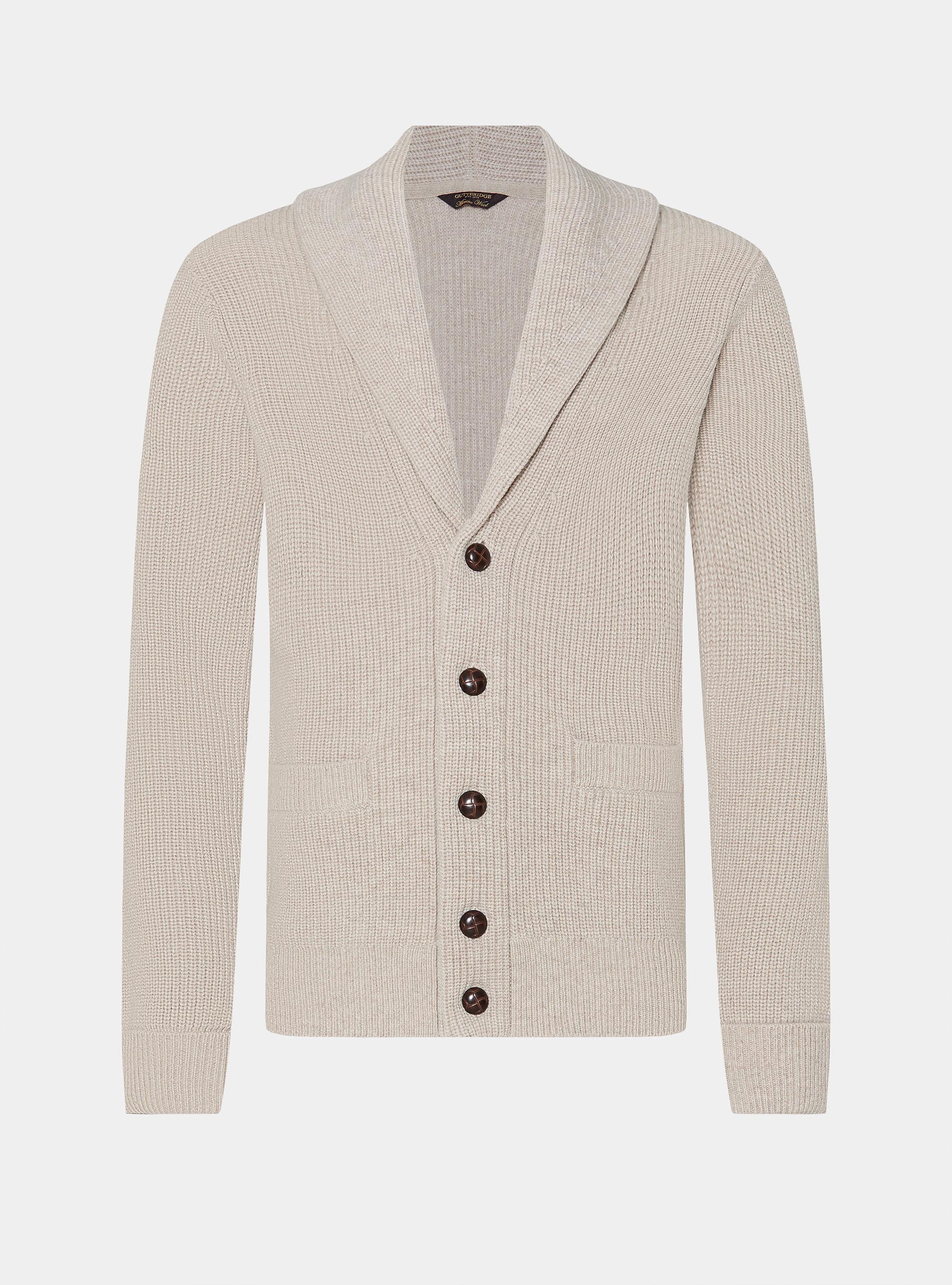 Merino wool shawl collar cardigan, ECRU