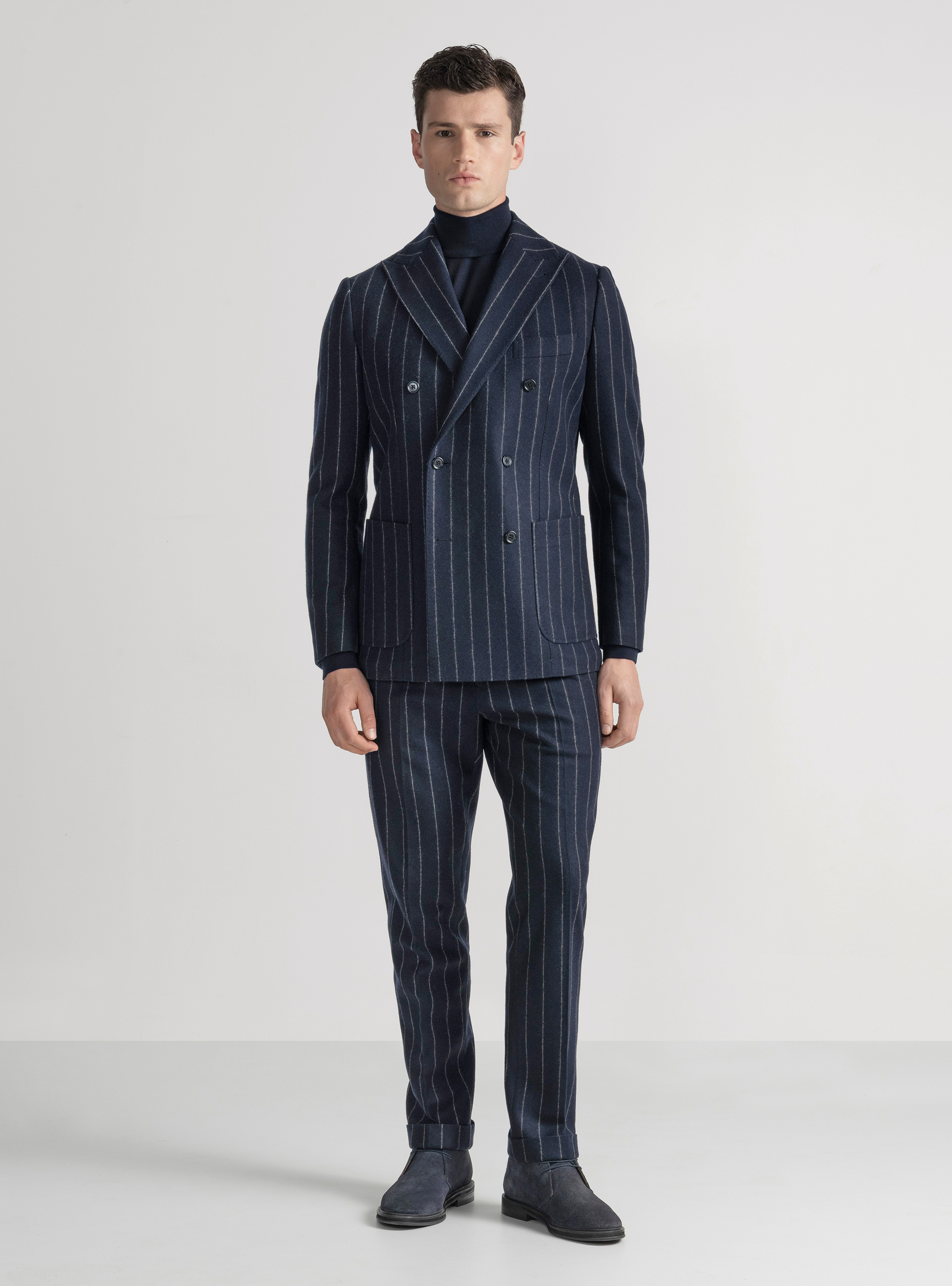 Veste de costume à double boutonnage en jersey à rayures, BLEU MARINE