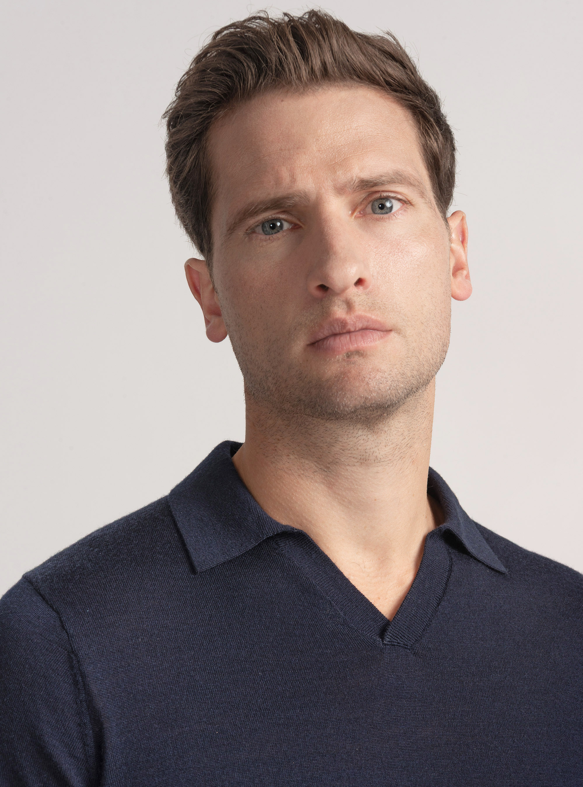 Merino wool buttonless knit polo shirt, NAVY BLUE
