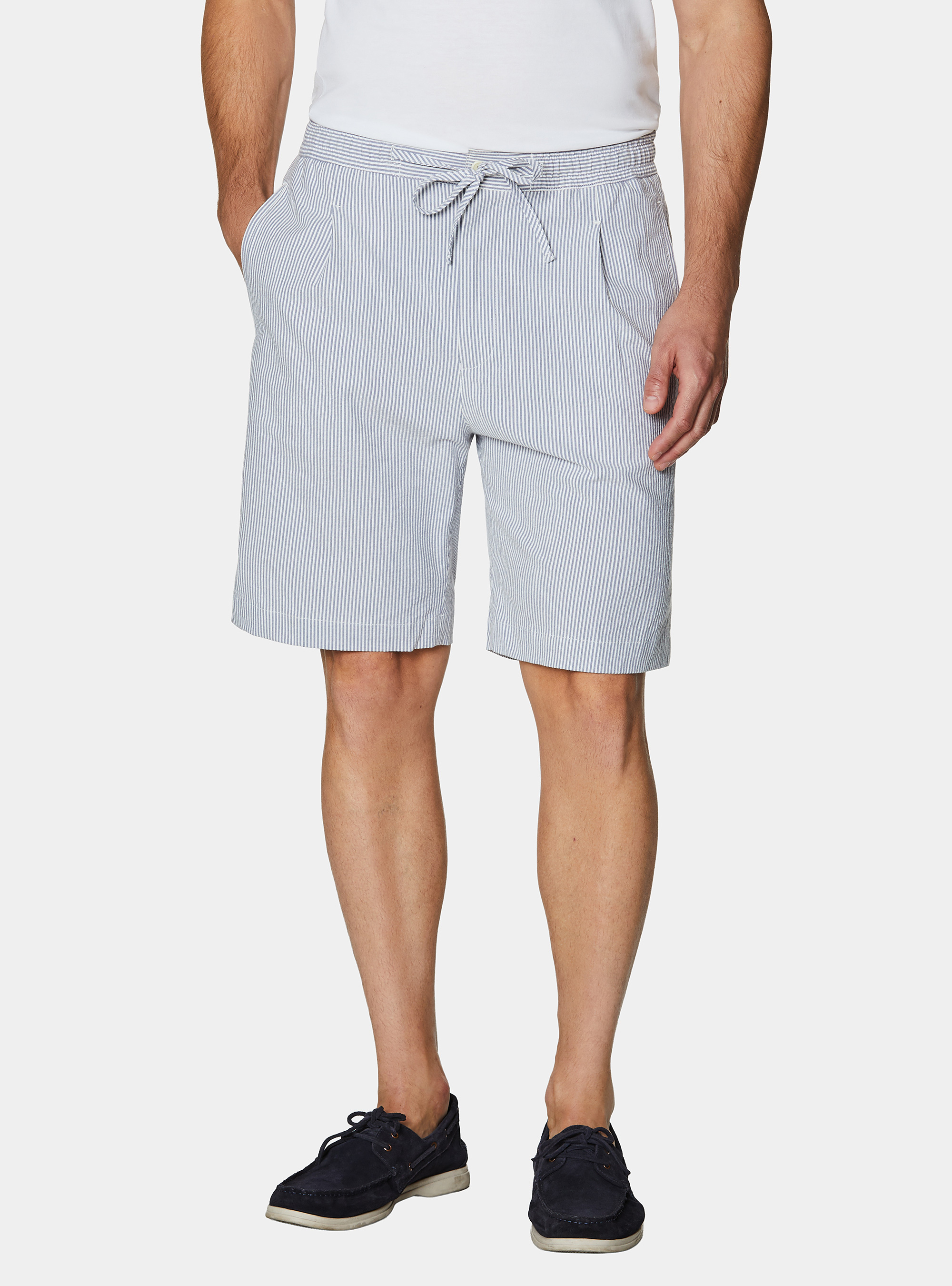 Bermuda con laccetto misto cotone seersucker, BLUE