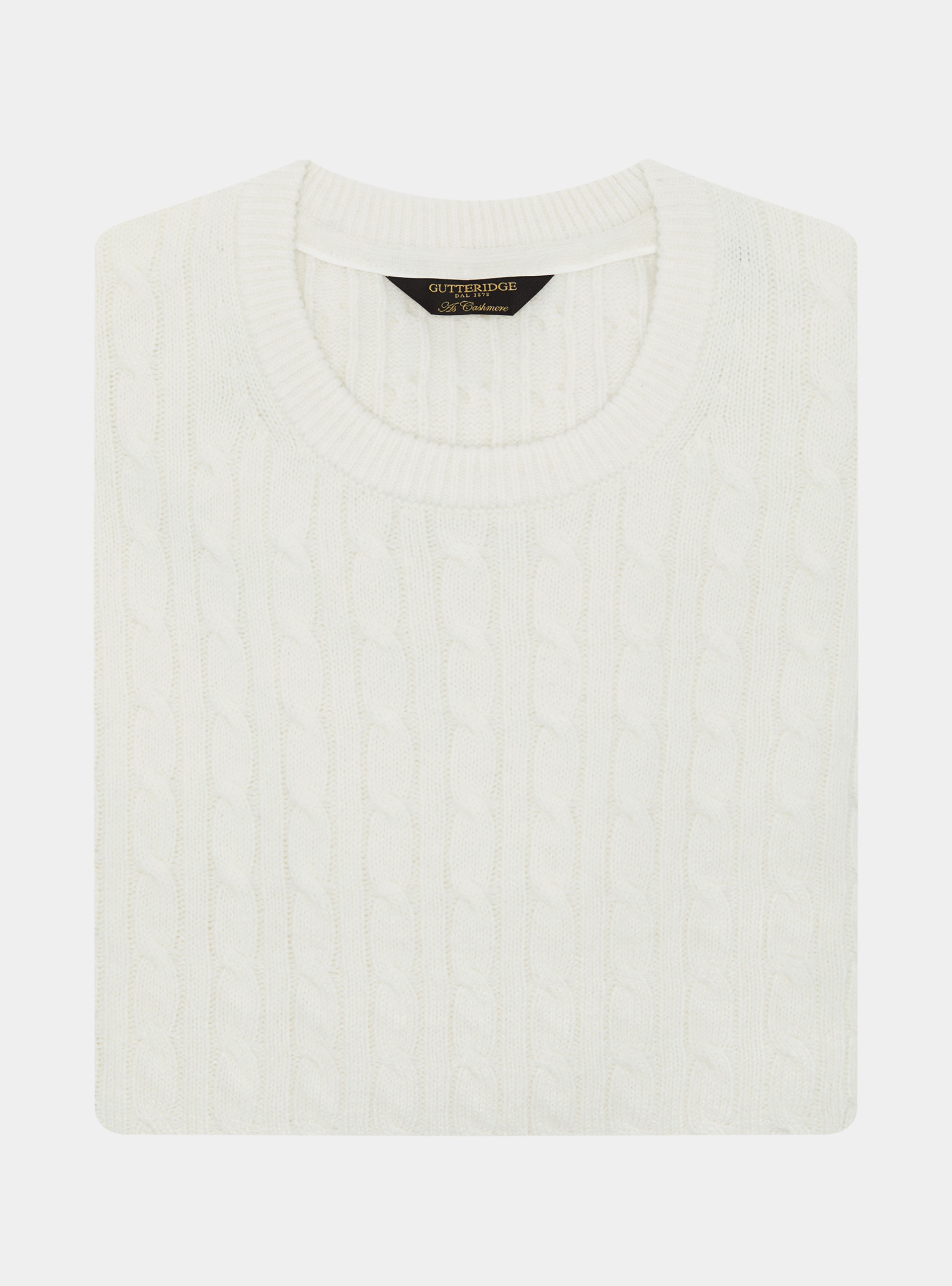 Girocollo in maglia con treccia in lana cashmere, BIANCO