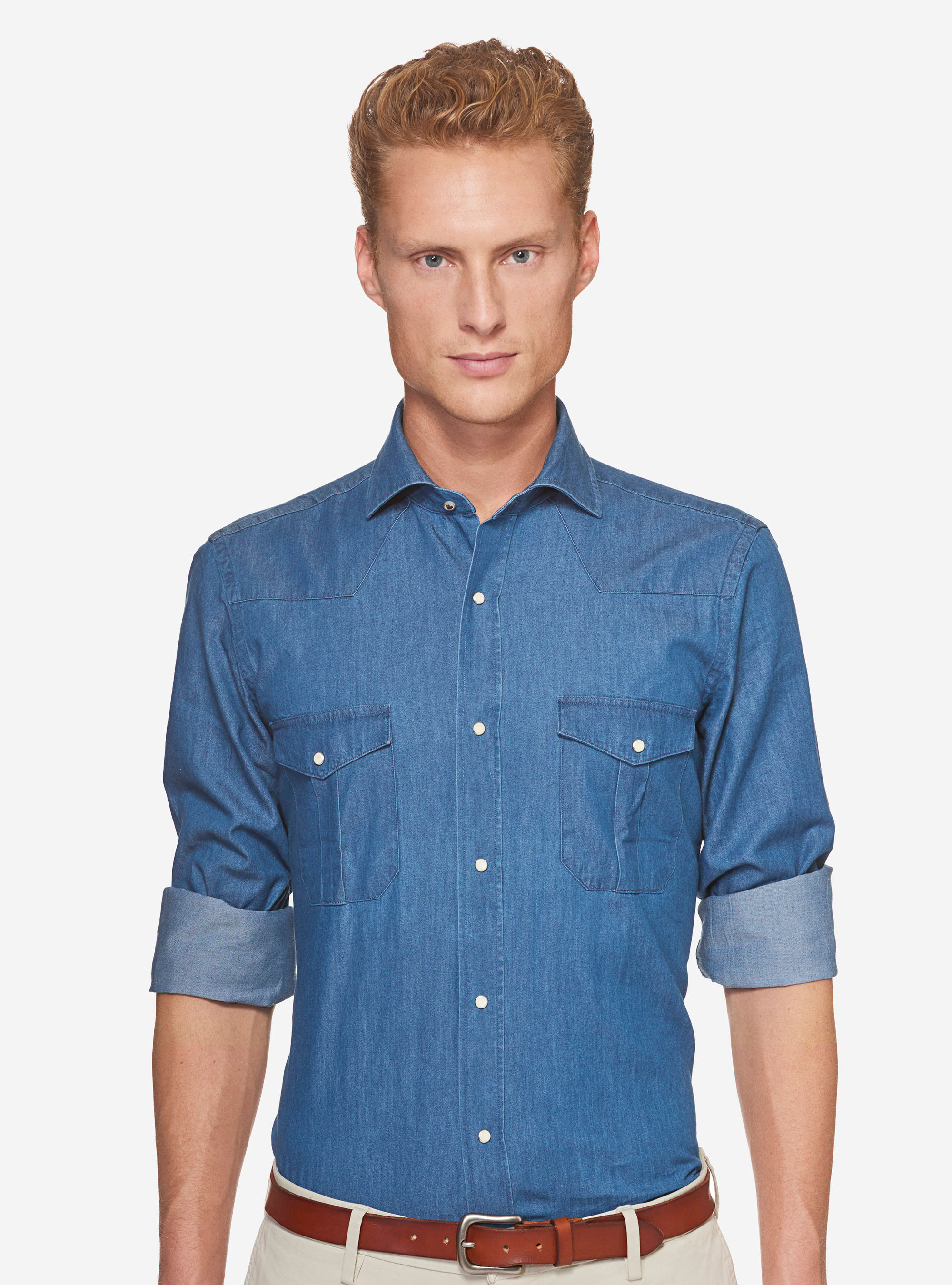 SHIRT  WITH FRENCH COLLAR AND SMALL DENIM POCKETS, BASALT