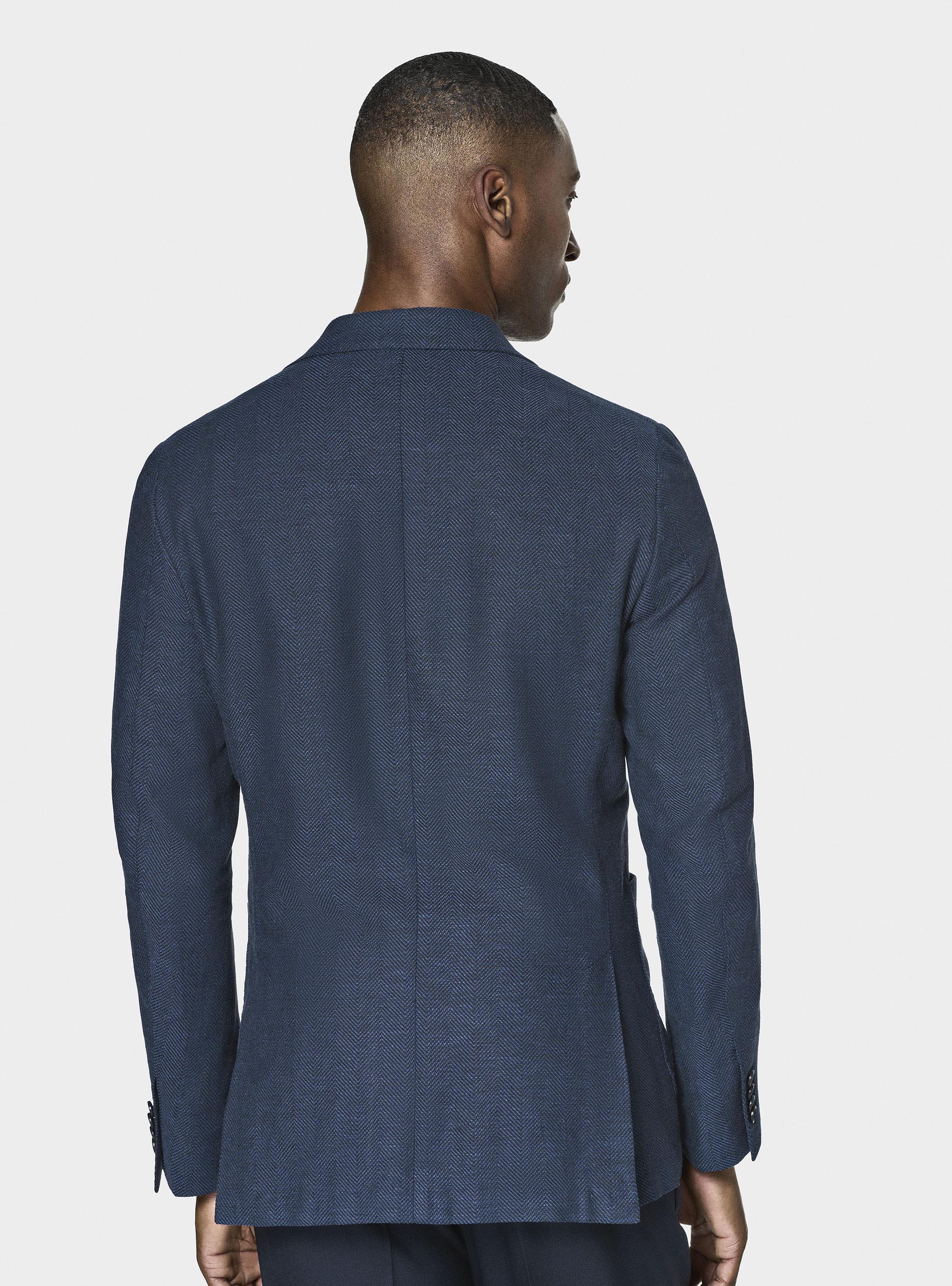 Giacca spigata in lino e cotone, BLU NAVY