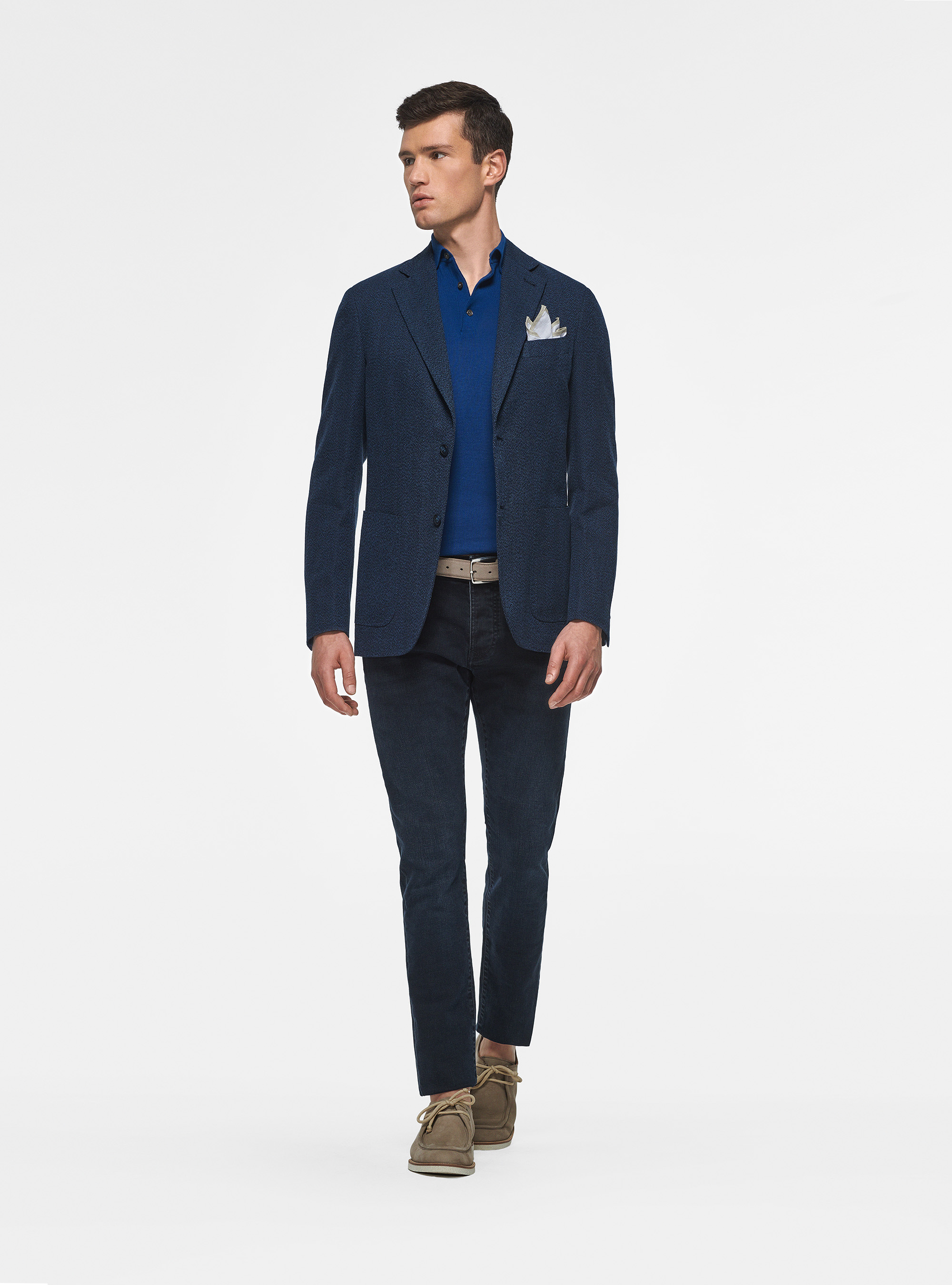 Giacca in cotone e lino spigato, BLU SCURO