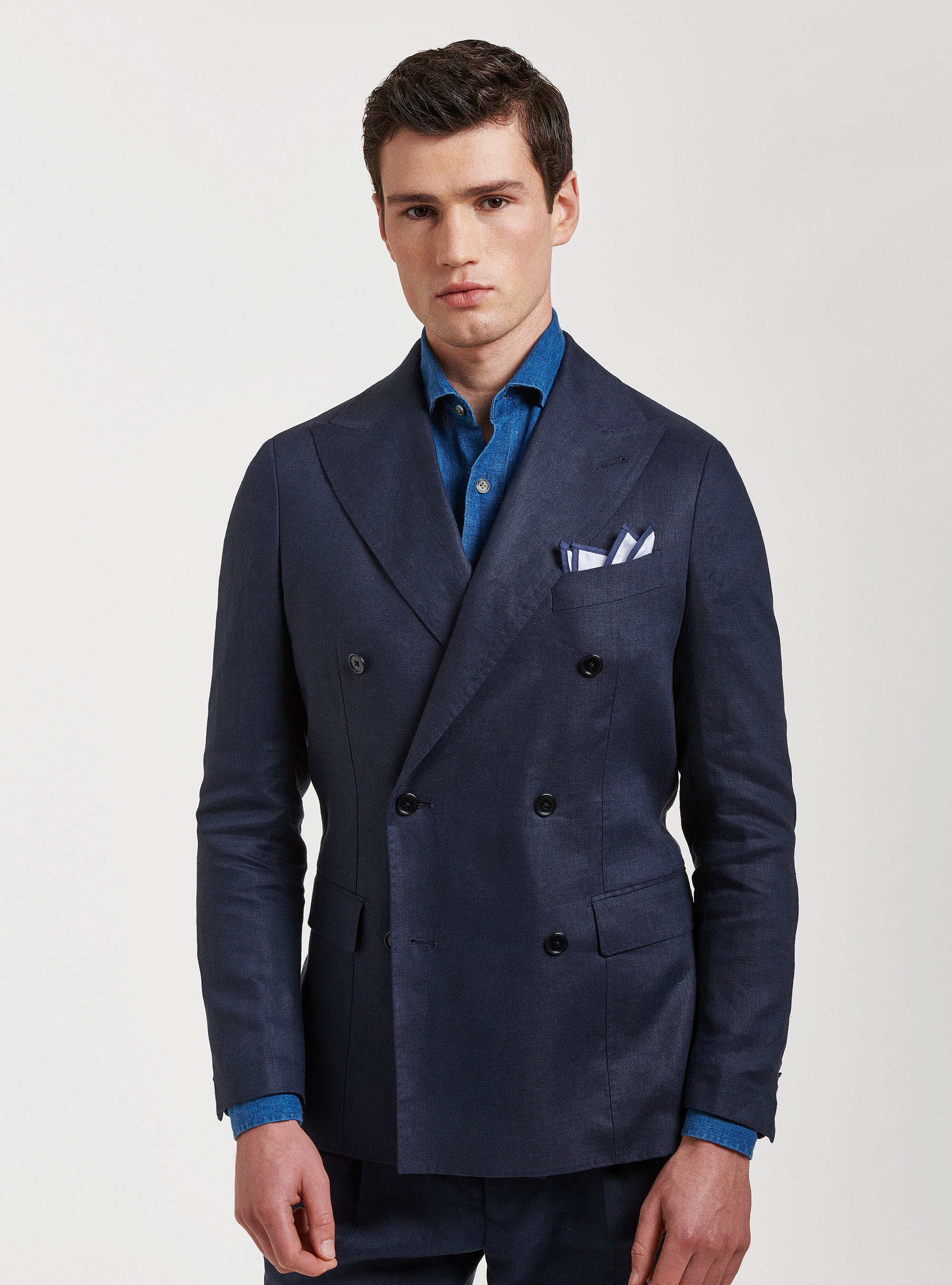 Linen double-breasted blazer, NAVY BLUE
