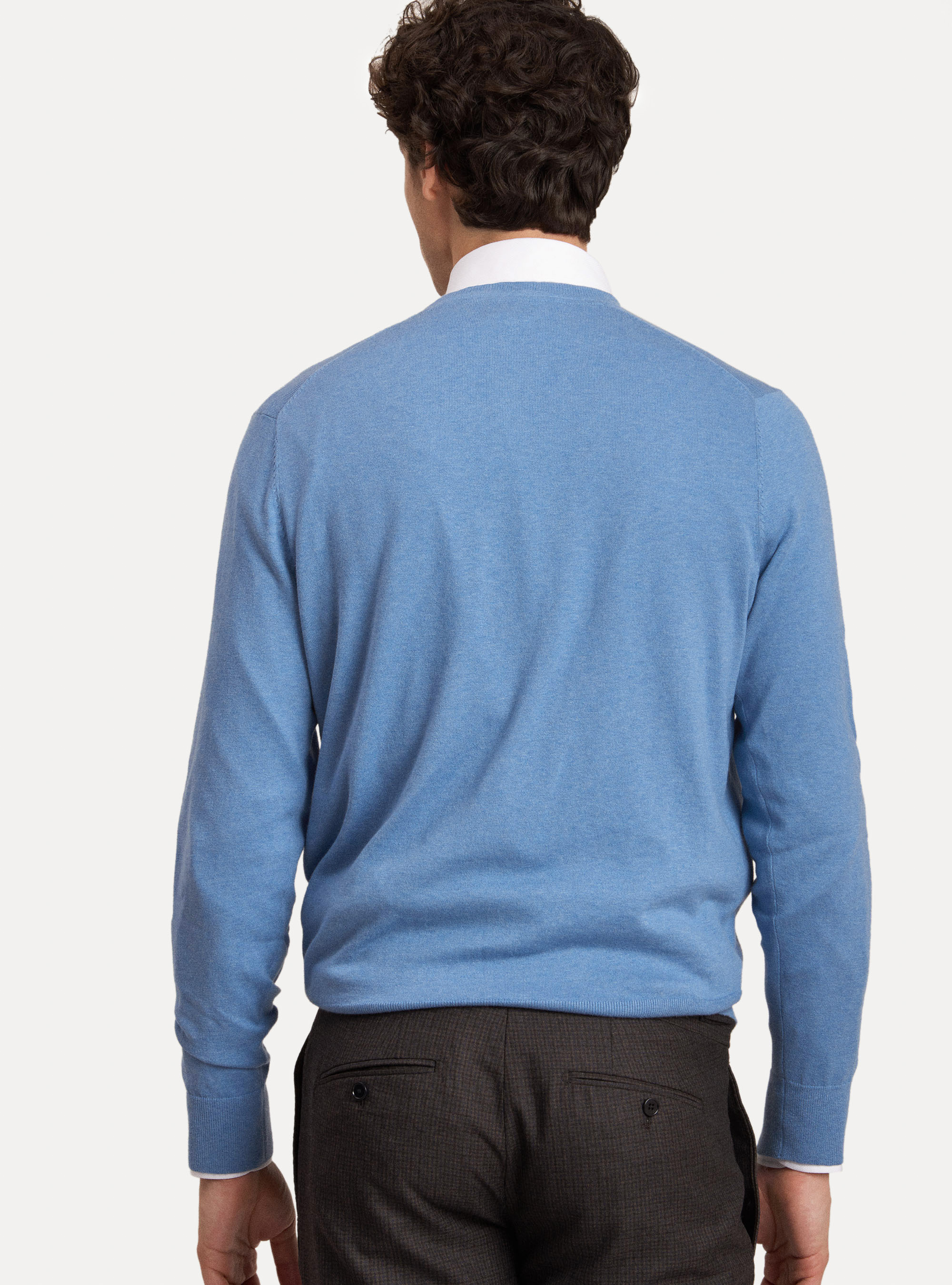 Maglia scollo a V in cotone seta e cashmere, AZZURRO