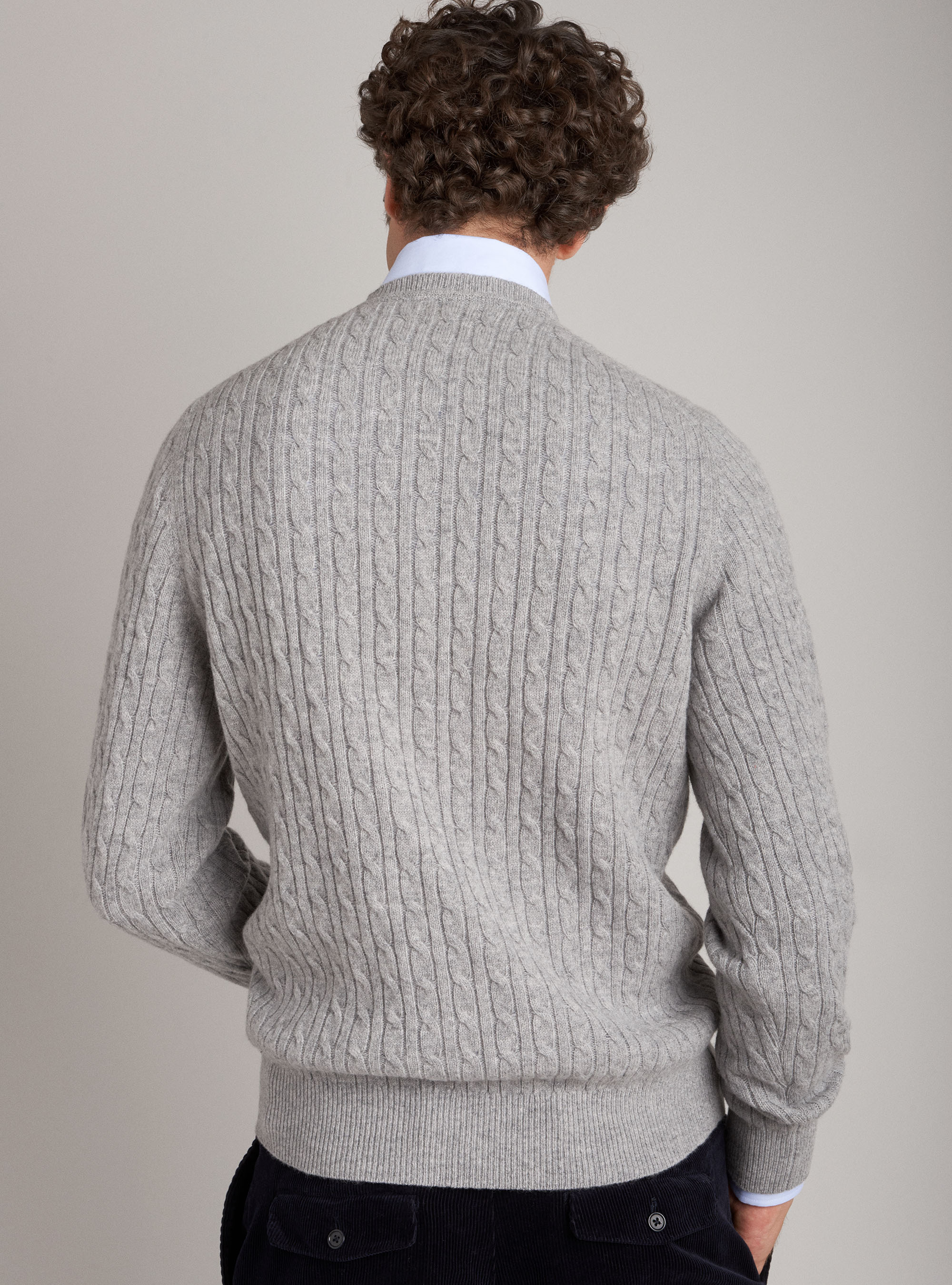 Crew-neck wool lambswool and cashmere sweater with braids, LIGHT GREY MELANGE
