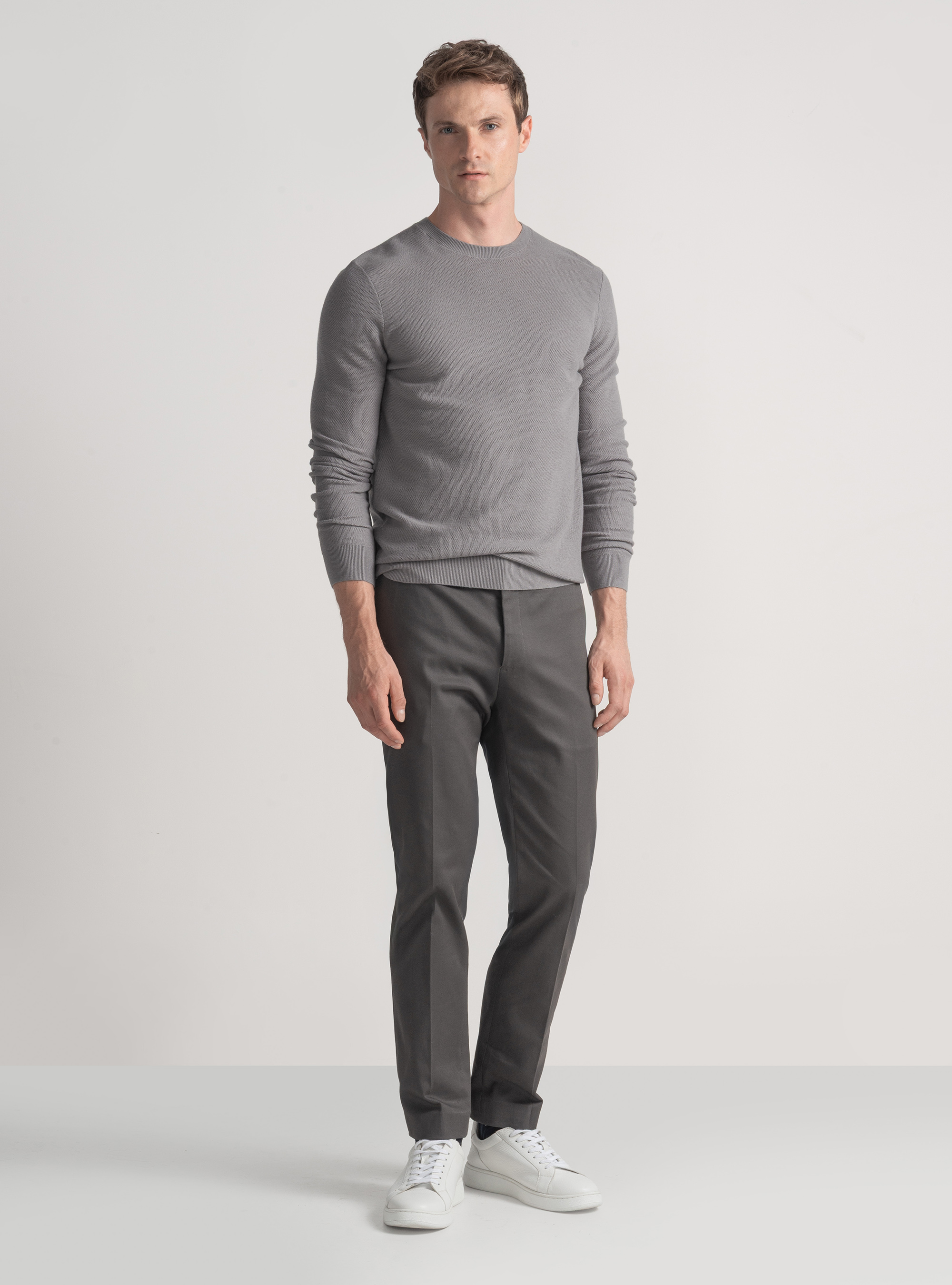 Trikot mit Rundhalsausschnitt aus Baumwolle und Kaschmir mit Wabenmuster, GRIGIO 0120C