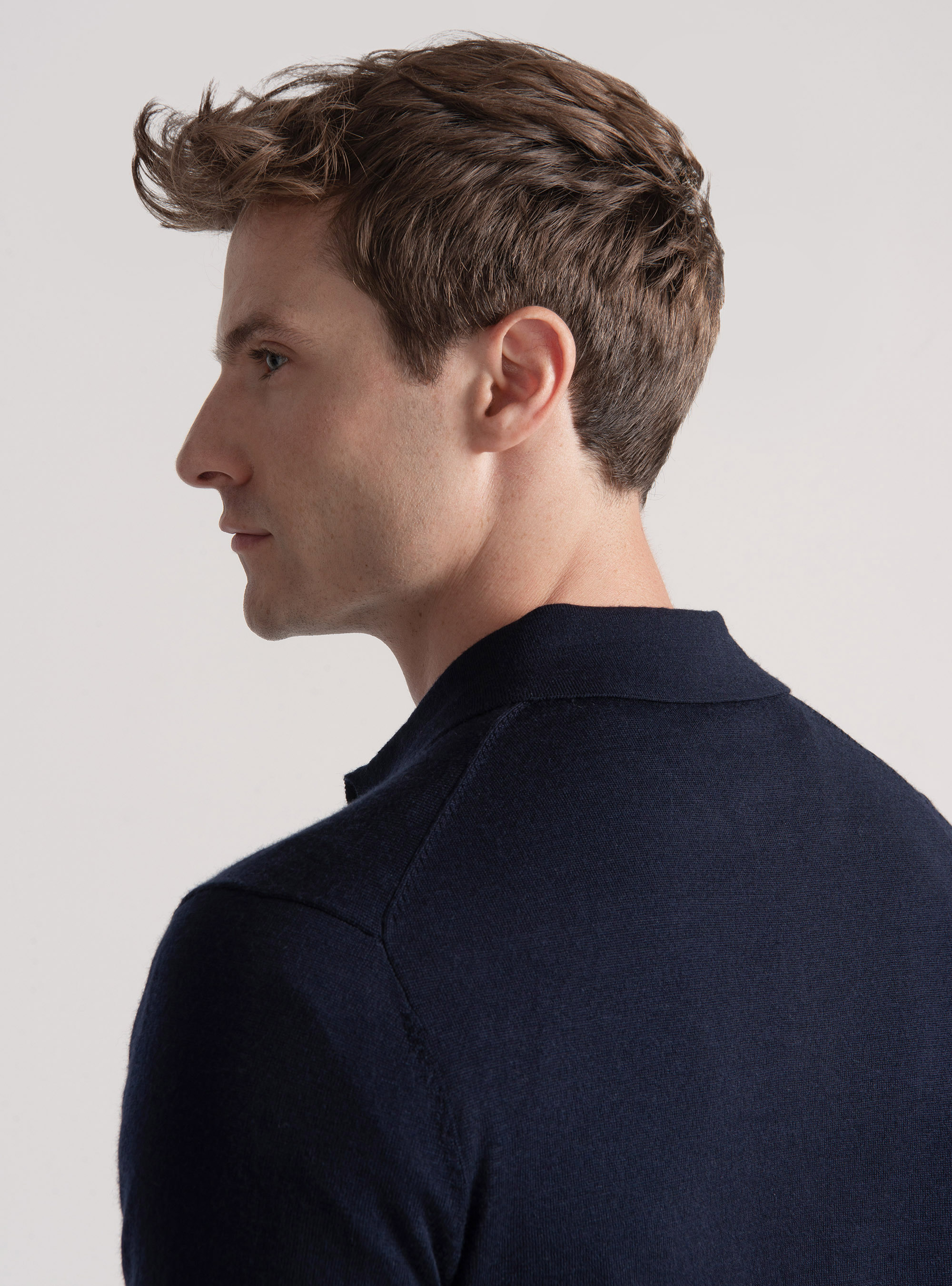 Polo camicia in maglia lana merino extrafine, BLU NAVY
