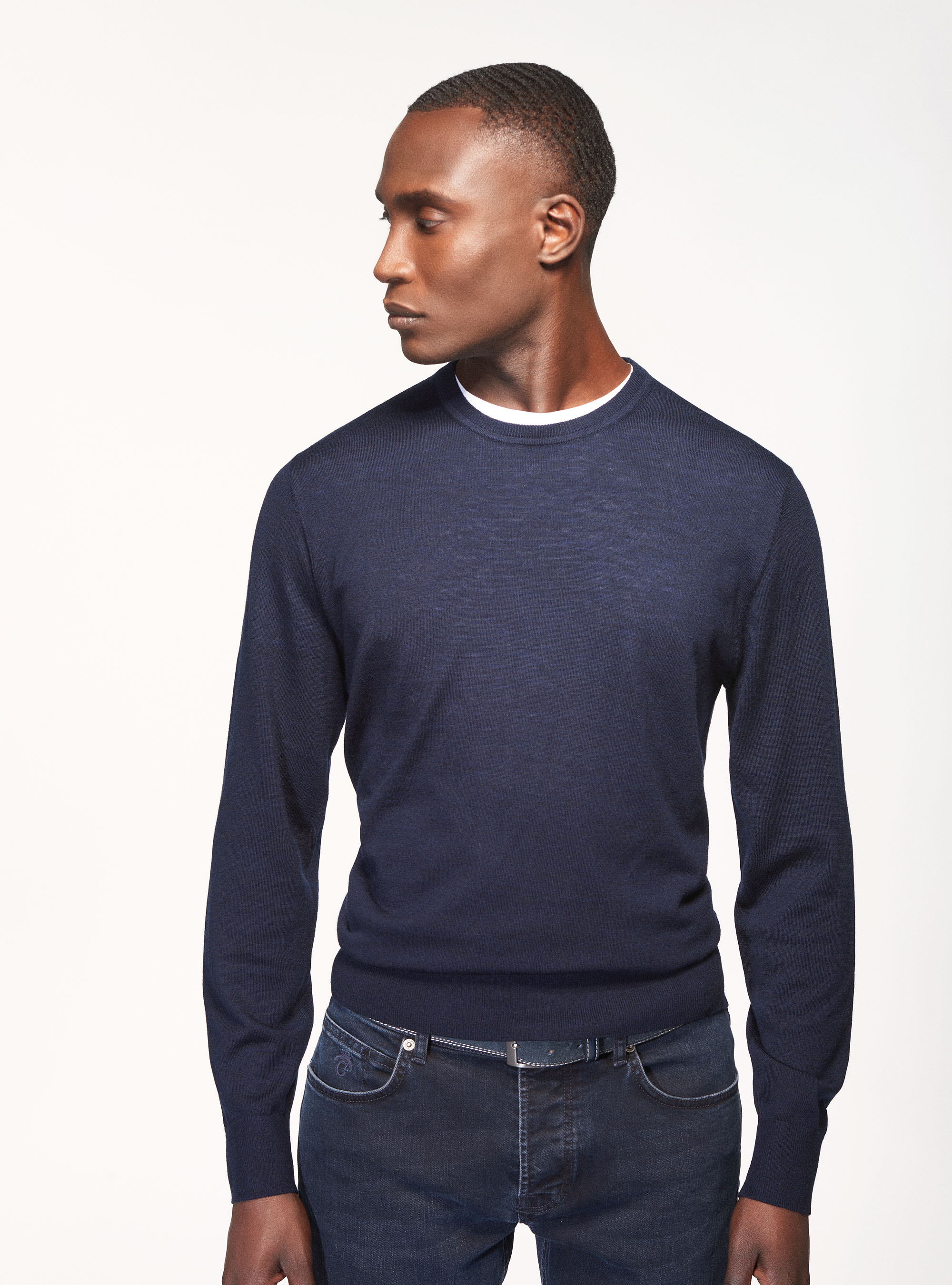 Maglia girocollo in pura lana merino extrafine, BLU NAVY