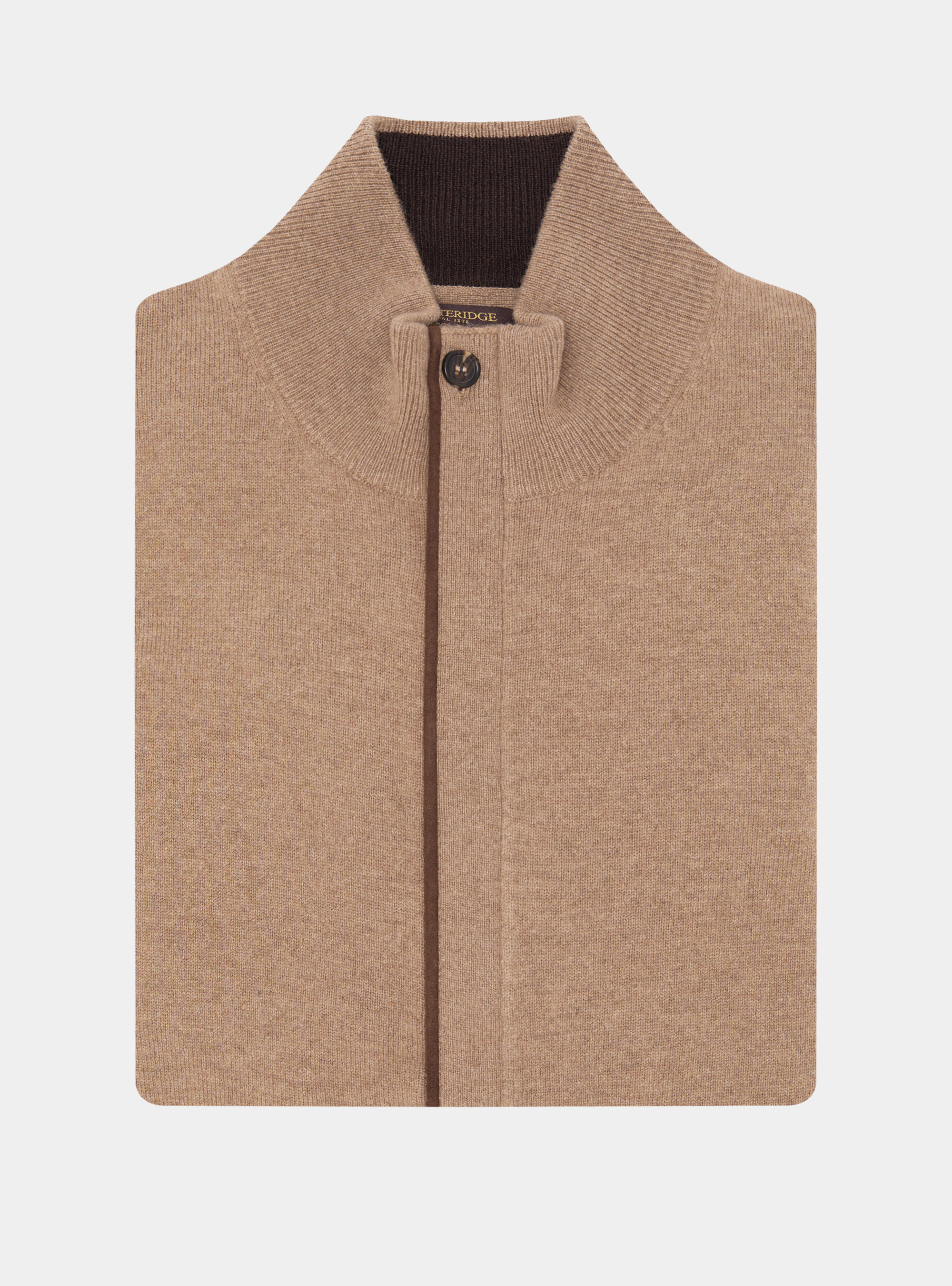 Cardigan in maglia con zip in lana lambswool e cashmere, CAMMELLO 0570C