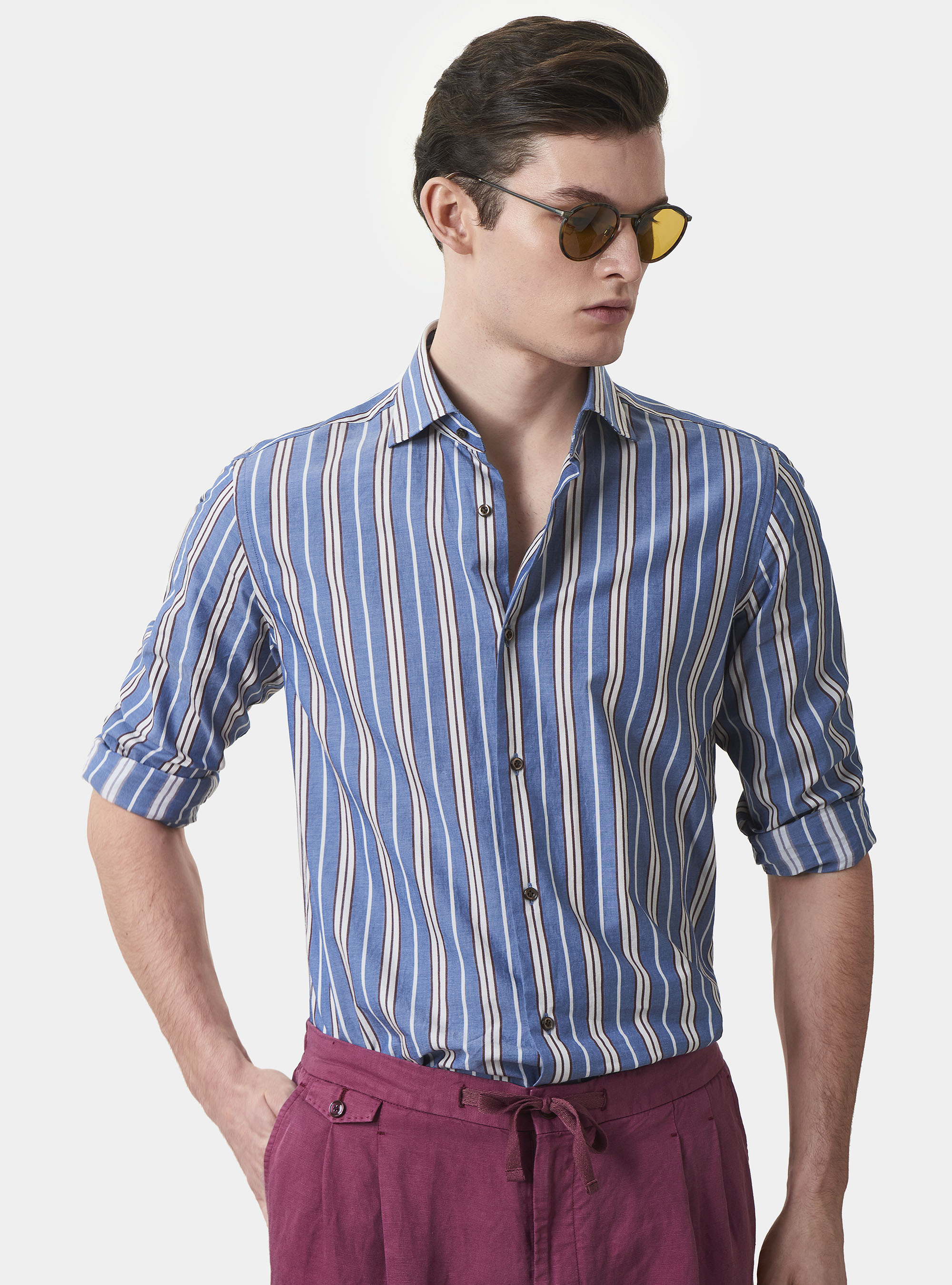 Camicia collo francese in puro cotone a righe, BLU